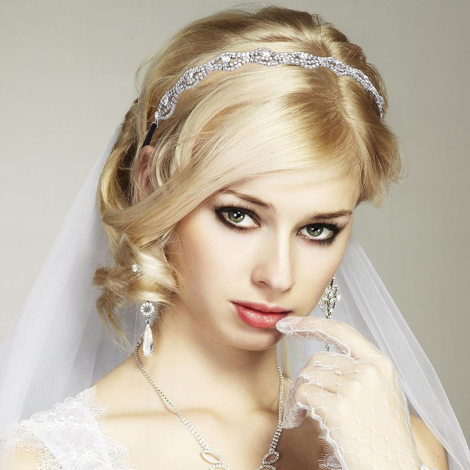 2pcs Elastic Rhinestone Headbands for Women, 6.01in, Silver