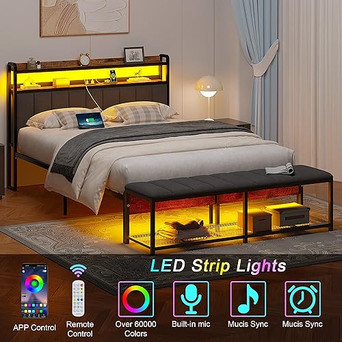 Miniatura 3 de VECELO Base de cama de tamaño matrimonial con luces LED y banco, base de cama tapizada con estación de almacenamiento y carga USB, marco de metal