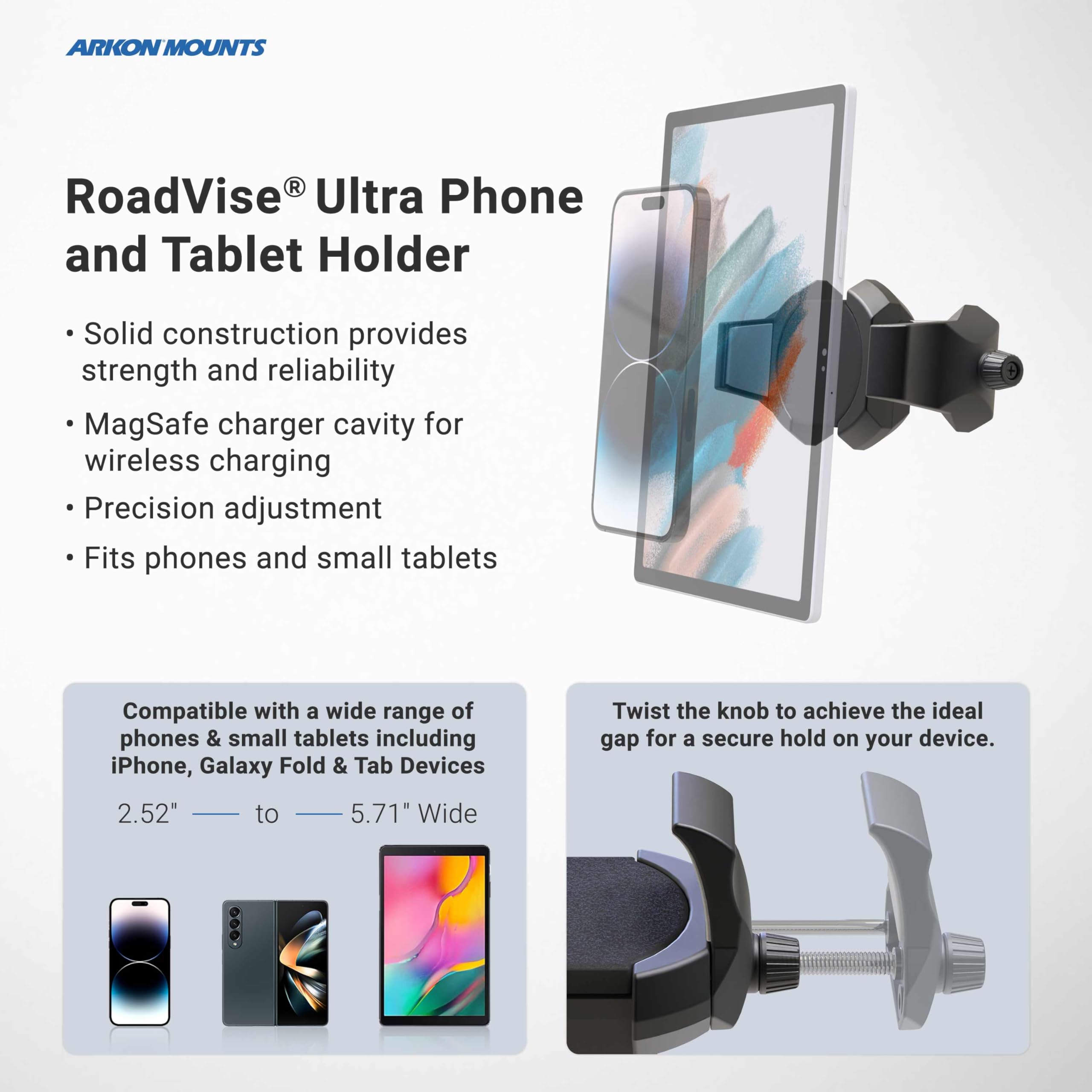 ARKON Mounts RVKNAMPS RoadVise Ultra Support pour téléphone et Tablette pour iPhone 13 12 11 Samsung Galaxy S21 S20 iPad Mini Lenovo Tab M7 M8