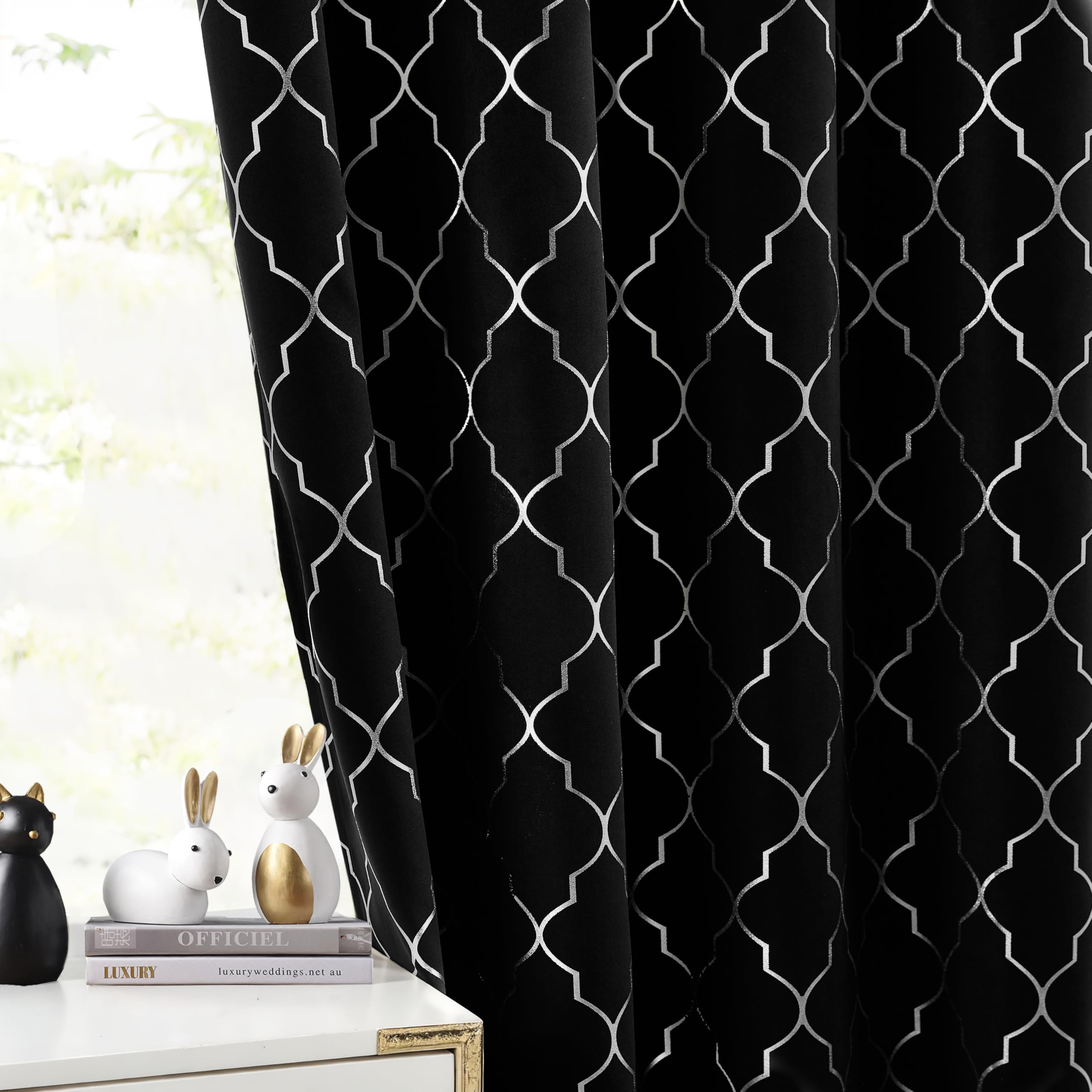 ZJDECOR 84 Inches Full Blackout Window Curtain Panels for Bedroom Living Room,Silver Geo Metallic Moroccan Printed Pattern on Black Drapes,Modern Room Darkening Window Treatment,52" Wx84 L(Pack of 2)