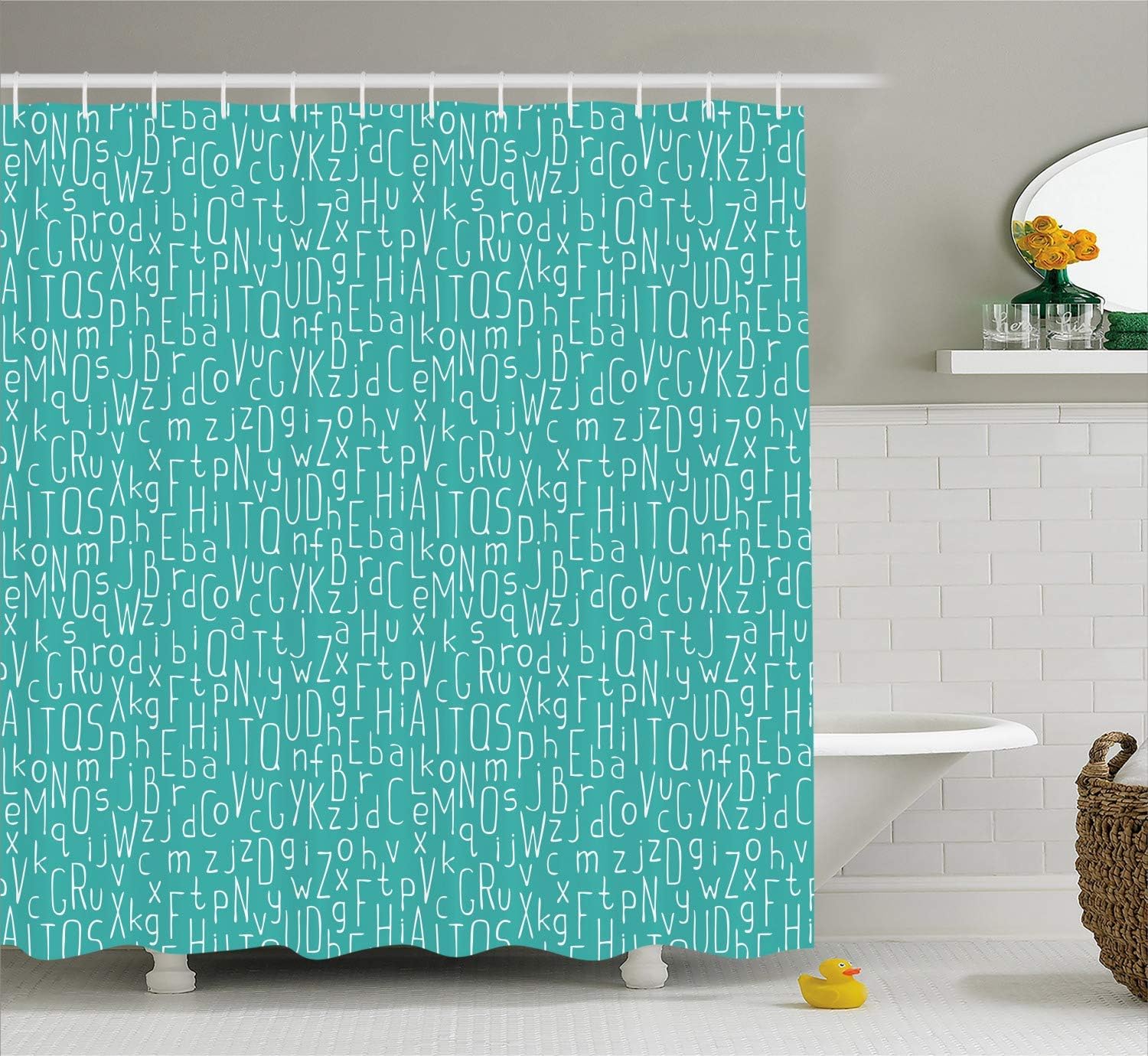 MLNHY ABC Shower Curtain, Alphabet Capital Letters Old Fashioned Learning to Write Read Students, Cloth Fabric Bathroom Decor Set with Hooks, Pale Sea Green and White,72 X 72 Inches,Multicolor