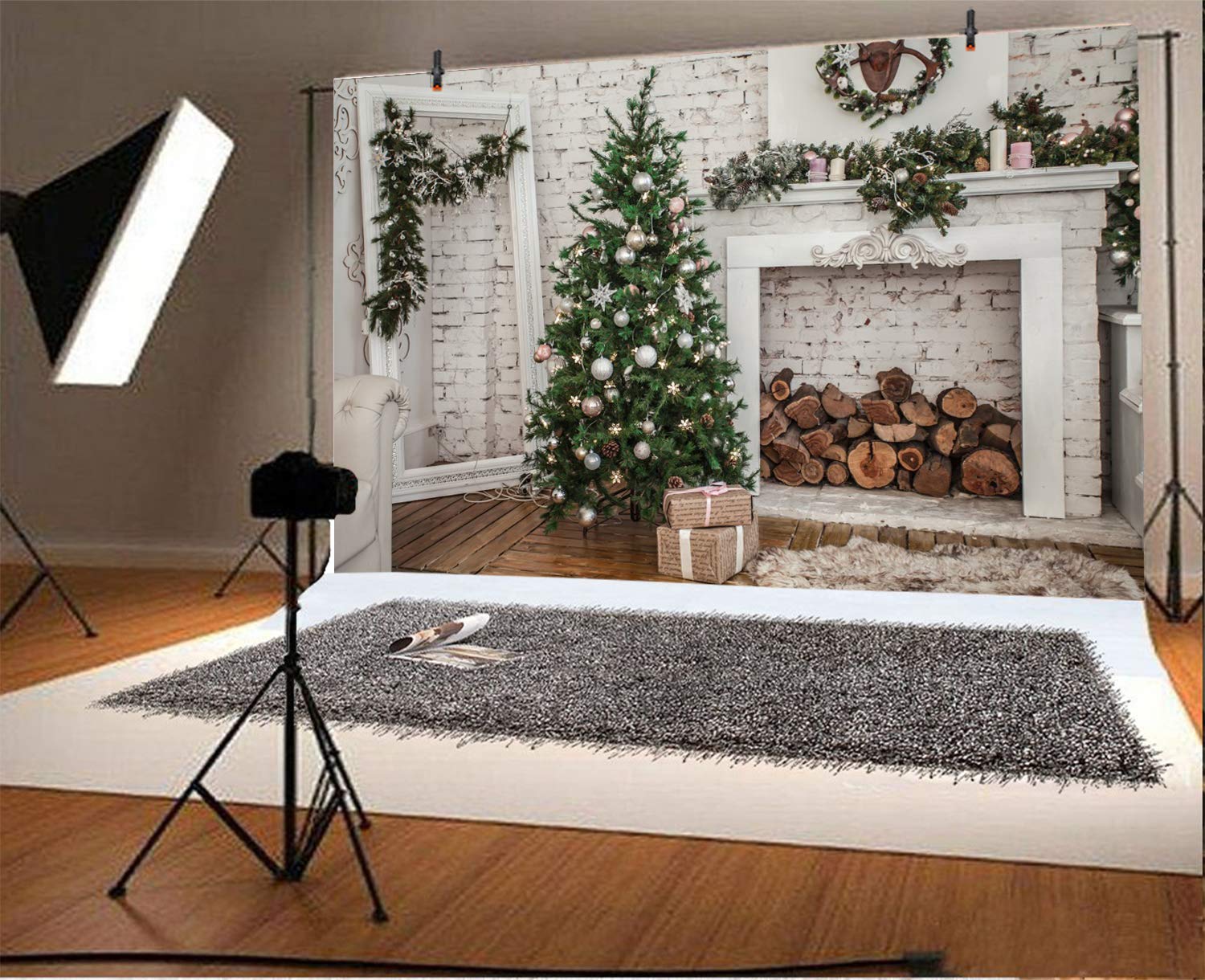3x2,5m Fondo Fotográfico Feliz Navidad Árbol de Navidad Regalos Chimenea Interior Telón de Fondo Blanco Pared de Ladrillo Decoraciones de Fiesta Decoración para Fiestas de Invierno