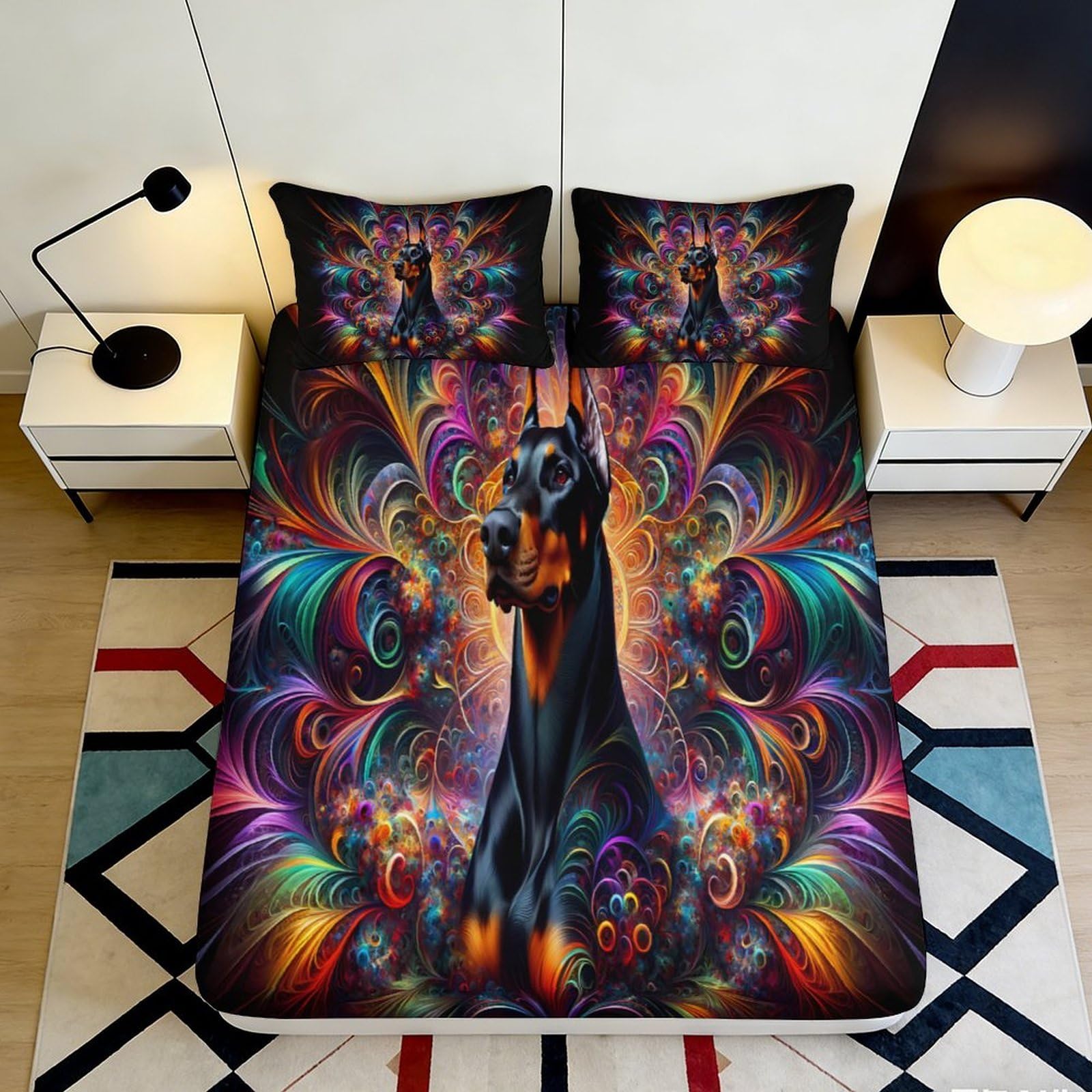 3D Printed Abstract Colorful Doberman Fitted Sheet Microfiber Soft Breathable Psychedelic Swirl Bed Cover for Bedroom Dormitory Guest Room Mattress Protection 160x200x25cm