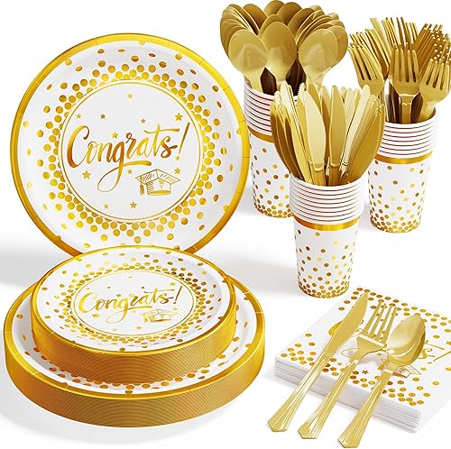 Suministros de fiesta de graduación blanco y dorado, 175 piezas de vajilla desechable de felicitaciones graduadas (Severs 25) platos de papel blanco