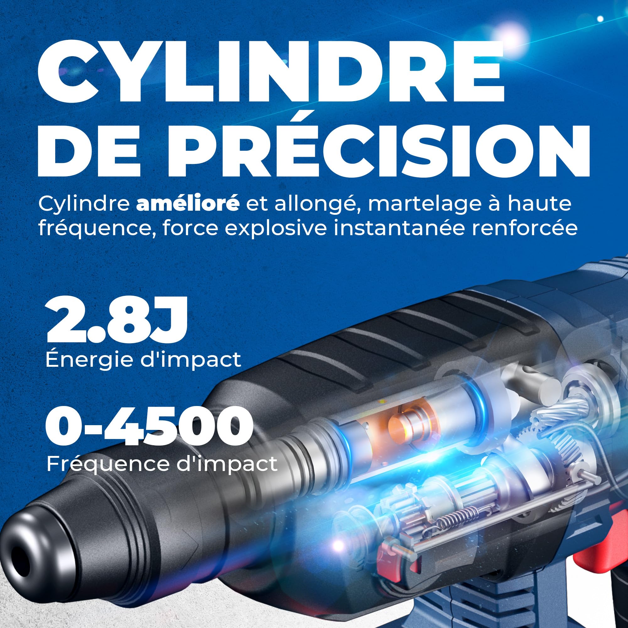 Dong Cheng Marteau perforateur sans fil 18V, énergie de frappe 2,8 J, avec 4 bits SDS-plus, diamètre de perçage maximum 28 mm, moteur de marteau perforateur sans balais, poignée anti-vibration