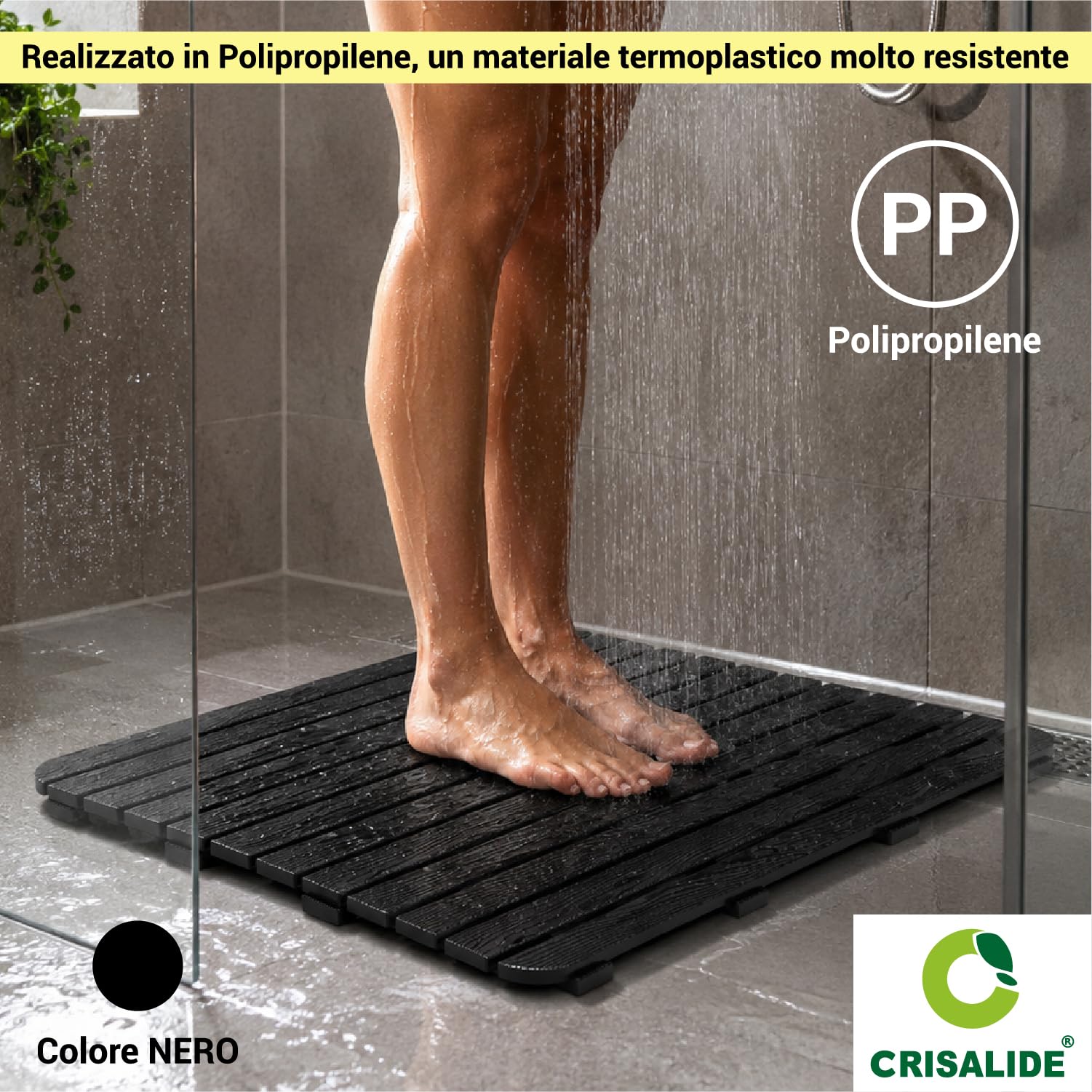Nome dell’articolo: Crisalide® Pedana Doccia Woody in PP Effetto Legno 80x50x2,5 cm, Pedana Rettangolare Antiscivolo Drenante Waterproof, con Piedini in Gomma, Nera
