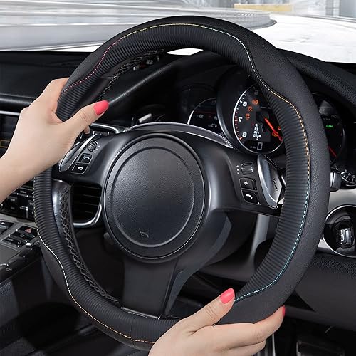 Miniatura 2 de Car Pass - Funda de cuero con colorido ribete y de ajuste universal para volante de 14.5 a 15 pulgadas, ajuste perfecto para SUV, camionetas,