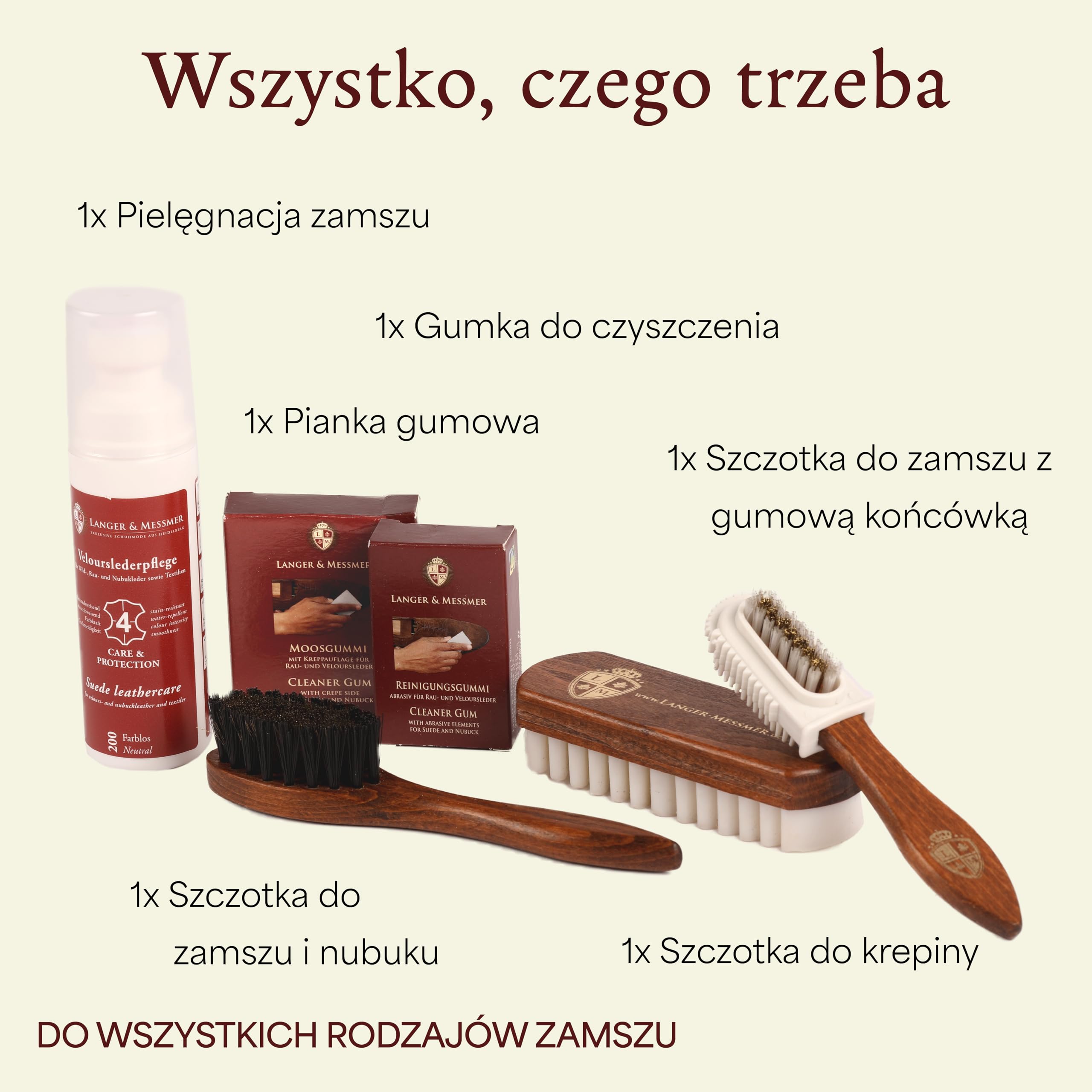 Langer & Messmer zestaw do czyszczenia i pielęgnacji butów zamszowych, pielęgnacja butów nubukowych, szczotki i środek