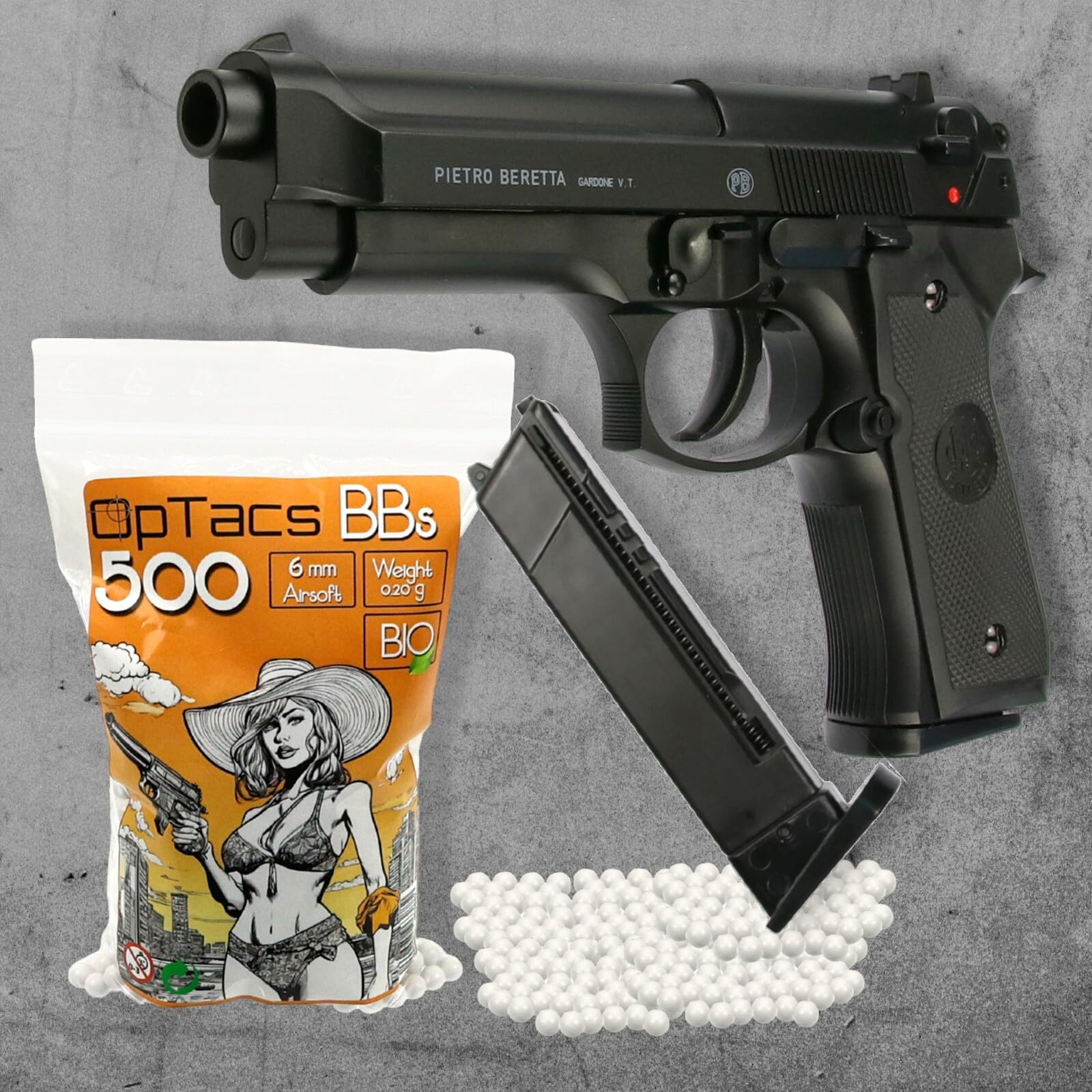 Set Beretta MOD. 92 FS Softair Pistole 0,5 Joule Airsoft inkl. 600 Bio BB's & Magazin - Air Soft Waffe mit Metallschlitten
