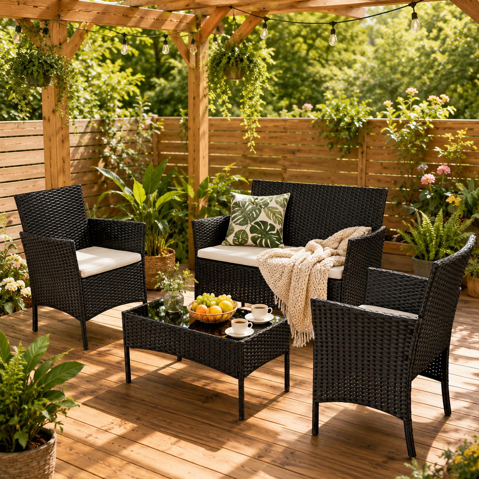 Sulwena Rattan Garden Furniture Set, 4 Piece Outdoor Patio Rattan Garden Sofa Sets with Chairs, Coffee Table, Cushions Weather-Resistant for Backyard, Deck or Conservatory