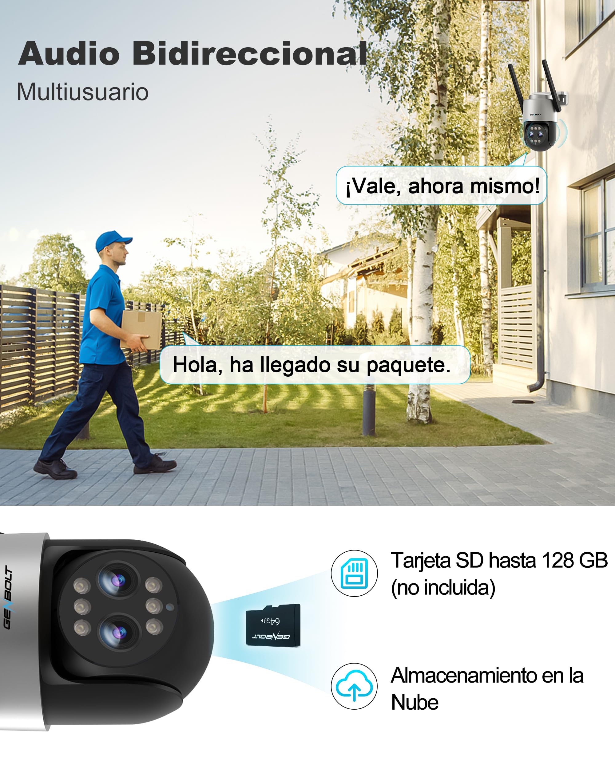GENBOLT 2.5K PTZ WiFi Cámara Vigilancia Exteriores con PoE,Doble Lente 4MP IP Cámara Seguridad Exterior 10X Zoom Híbrido,Color Nocturno,Seguimiento Automático y Detección de Humanoides(2.4&5GHz) | Zoom híbrido 10X, grabación 24/7, CC y POE, cámara PTZ, no