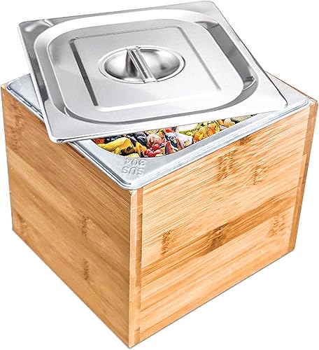 Exfoil Contenedor de compostaje para cocina, contenedor de abono para encimera con tapa y caja de madera de bambú, cubo de composta - 0.75 galones a