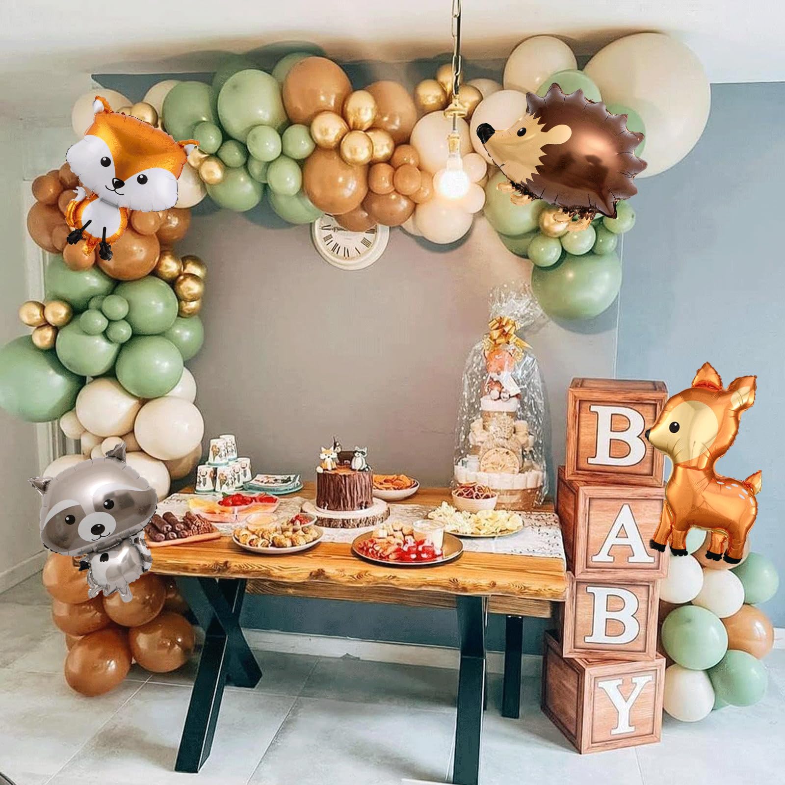 Woodland Animal Balloons Garland Arch,138Pcs Sage Green Brown Sand White Balloons for Baby Shower Kids' Woodland Animals Theme Birthday Party Supplies Decorations