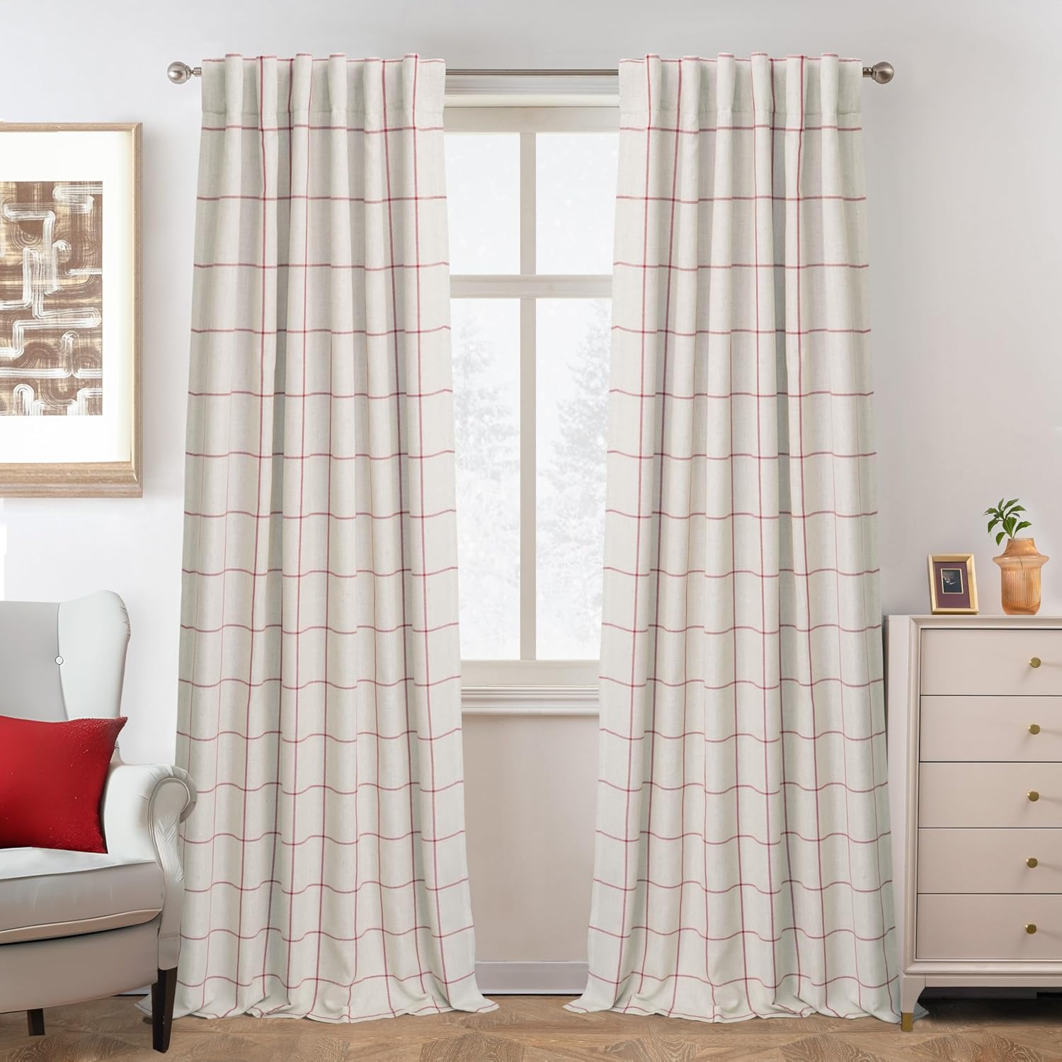 DriftAway 2 Panels 100% Blackout Windowpane Plaid Linen Curtains Double Layer Drapes for Bedroom 84 Inches Long Farmhouse Thermal Insulated 3.25 Inch Rod Pocket Back Tab for Living Room Red