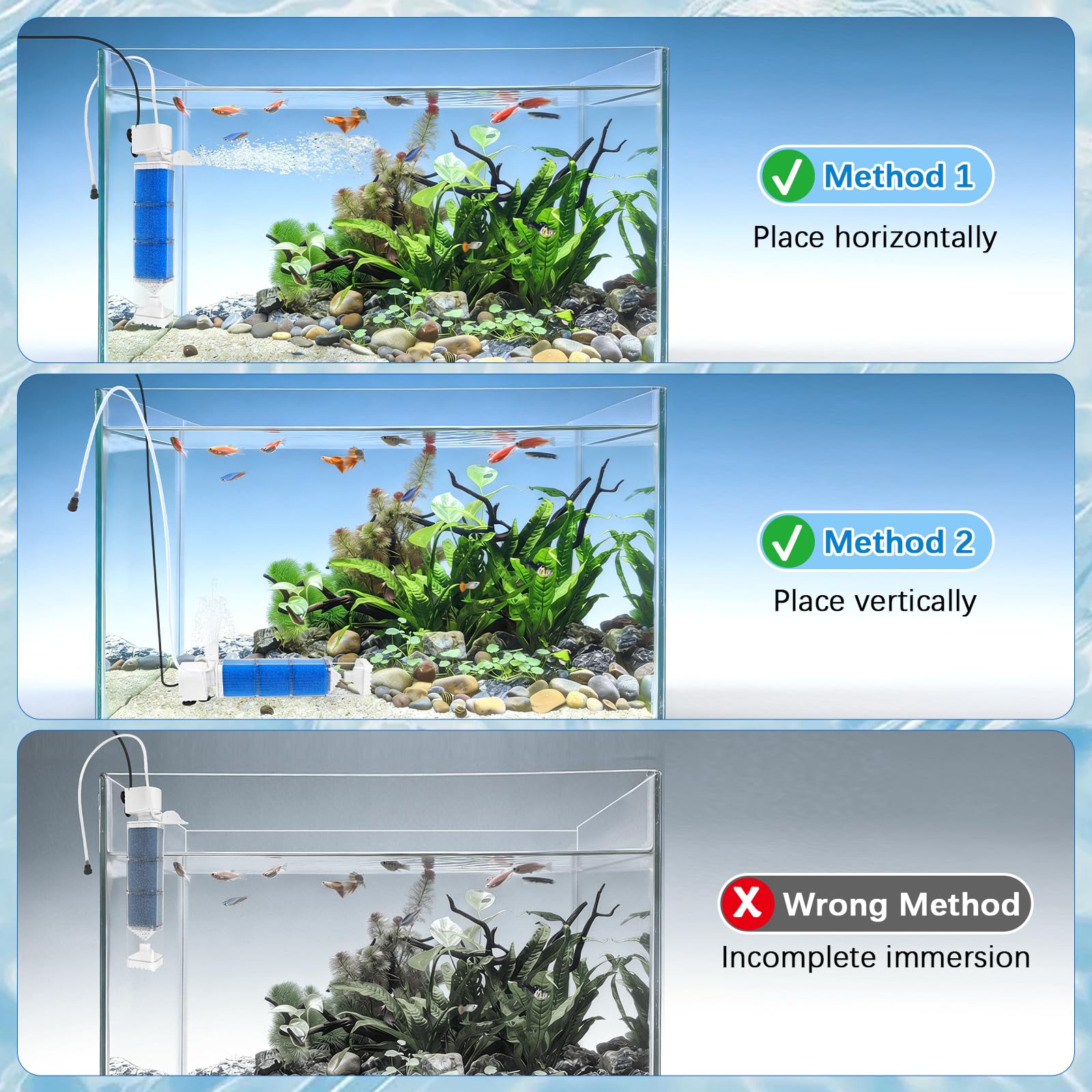 EXLECO Pompes et Filtres pour Aquarium 150-300L, 5 en 1 Réglable Pompe Aquarium Filtre et Oxygène, Pompage, Wavemaker, Moteur Aquariums Silencieux 1200L/H 15W Éponge Filtrante Réutilisable d'eau Douce