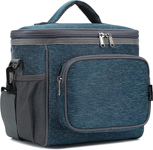 FlowFlyLonchera grande reutilizable con aislante para mujereshombres, con correa ajustable para el hombro, bolsillo frontal con cierre y bolsillos