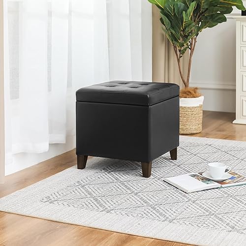 Miniatura 12 de Homebeez Taburete otomano de almacenamiento de piel sintética copetudo, cuadrado con tapa abatible (marrón) Marrón,Negro y ruedas,Negro