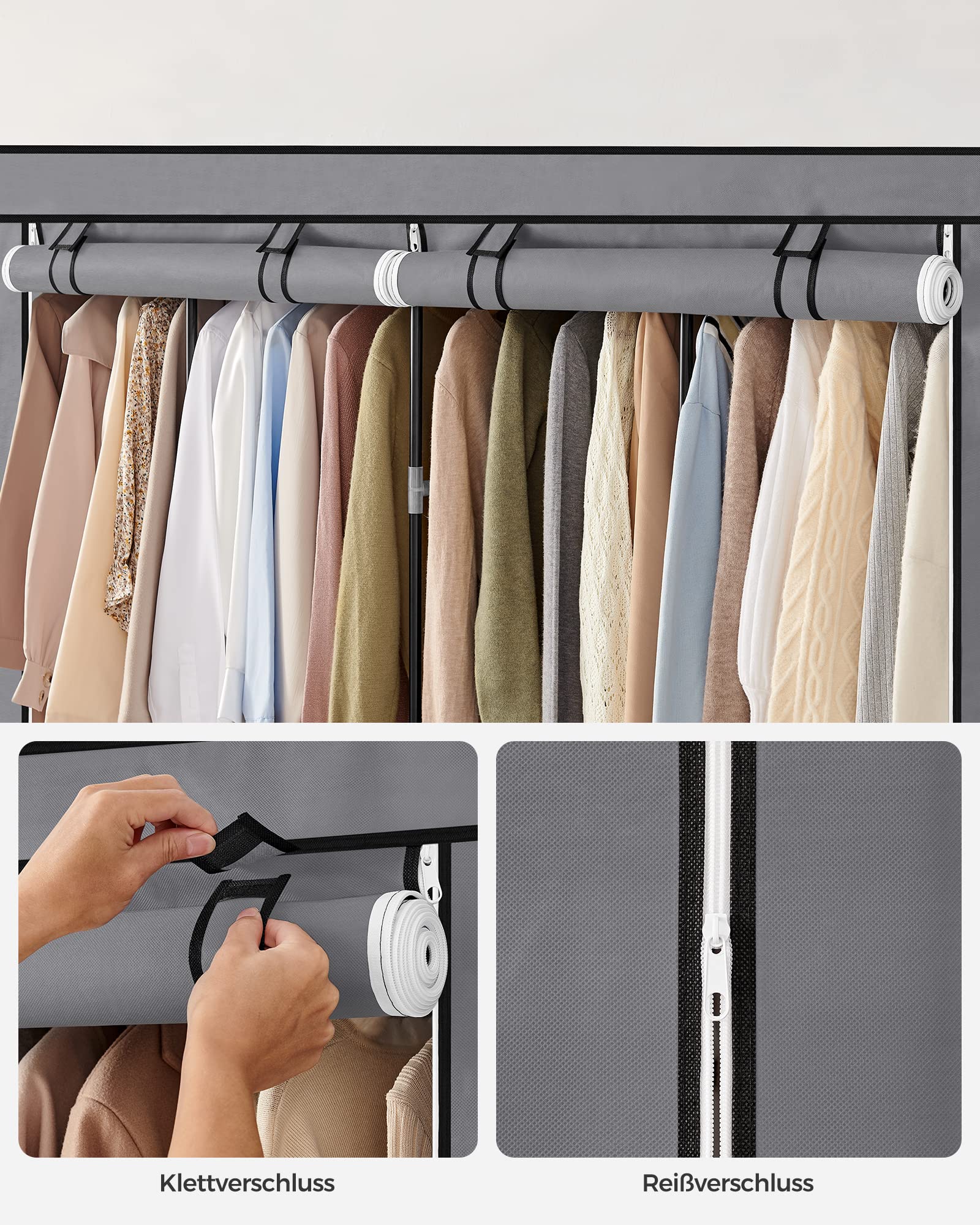 SONGMICS Stoffschrank, Kleiderschrank, 45 x 170 x 167 cm, 4 Hängefächer, mit Ablagen, 4 Seitentaschen, viel Platz, für Schlafzimmer, Wohnzimmer, grau RYG094G02