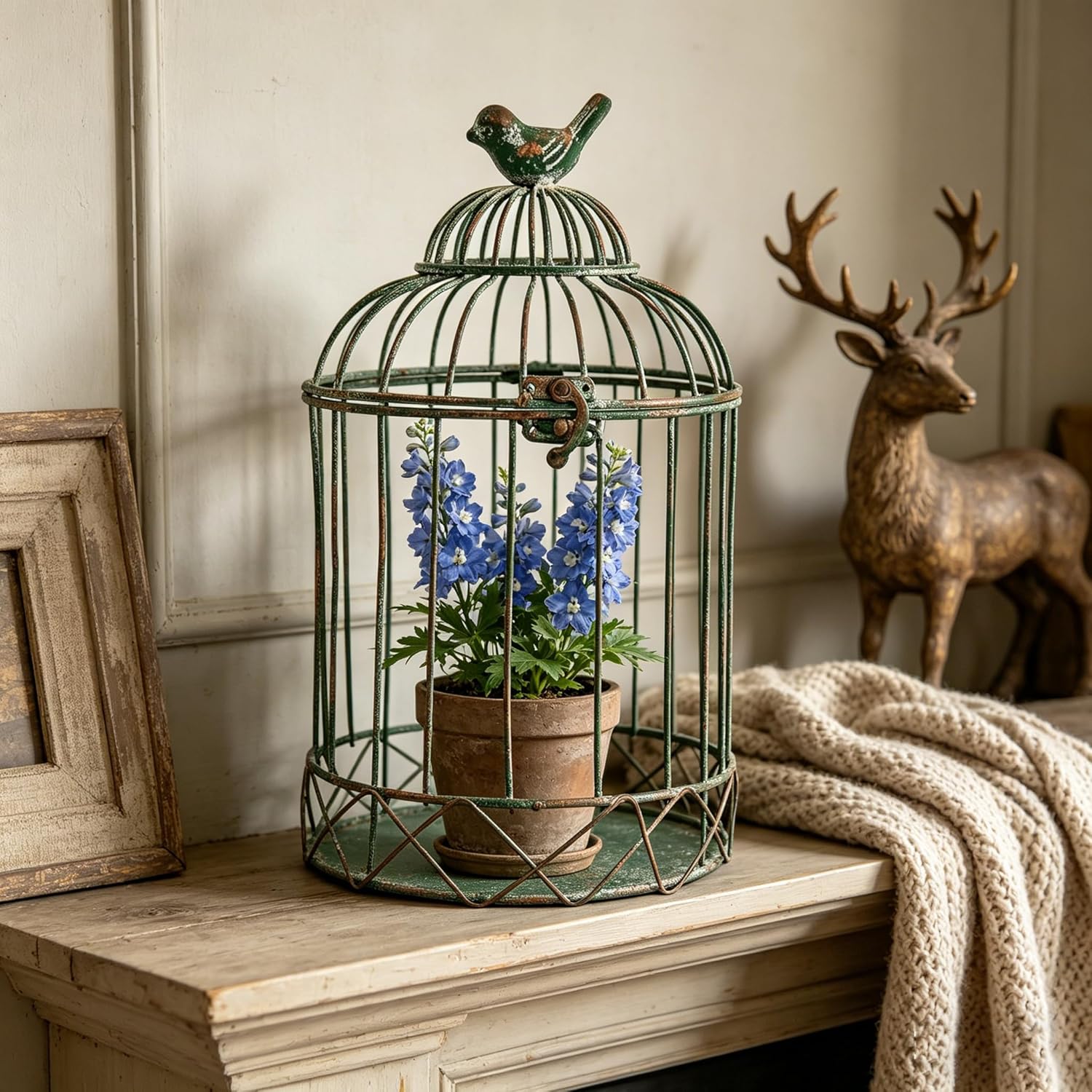 Vintage Birdcage Planter, 11.8" H Rustic Farmhouse Metal Plant Holder, Distressed Green Decorative Candle Holder for Wedding Centerpieces, Garden Patio Indoor Outdoor Home Decor