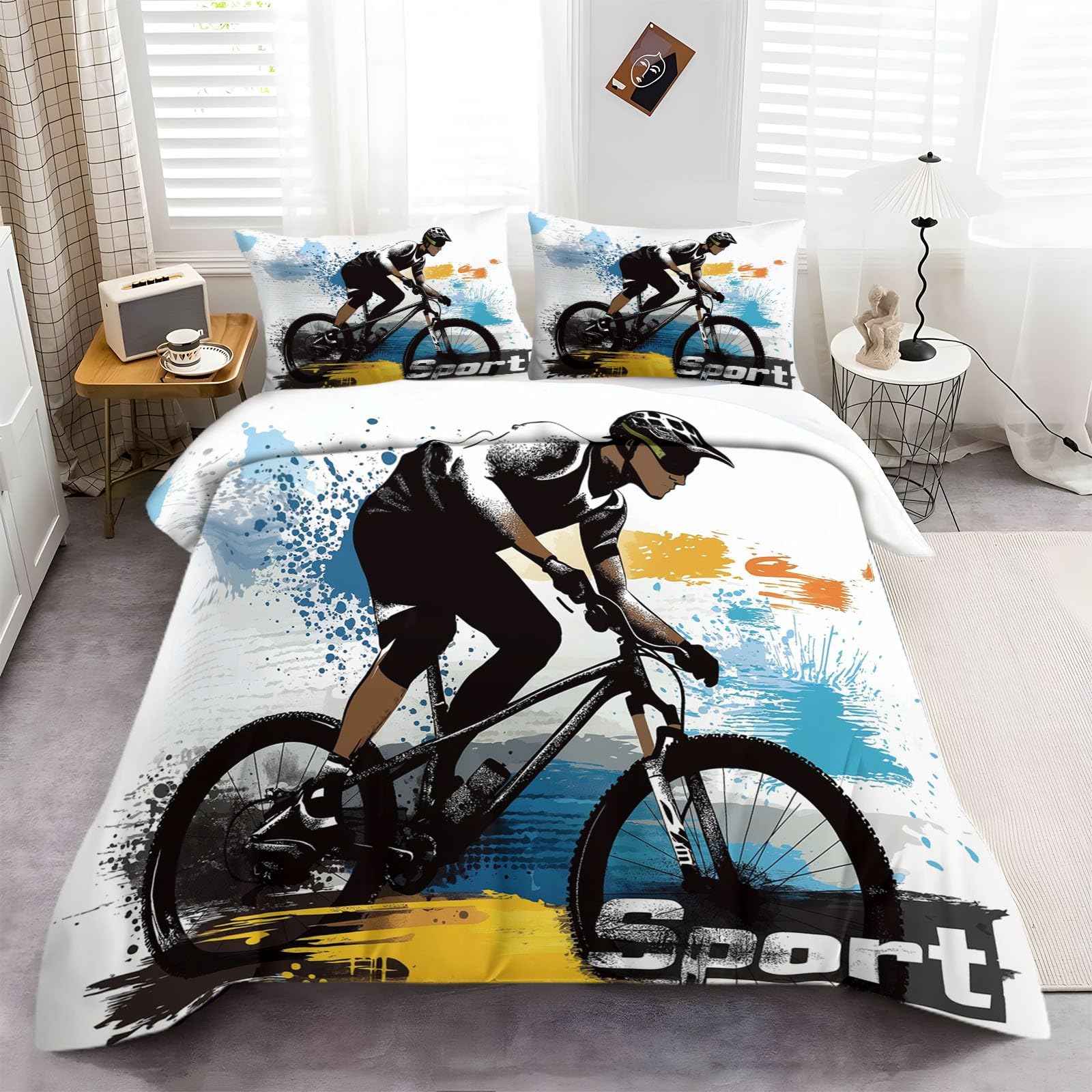 Ciclista De Bicicleta De Montaña Funda Nórdica 220 x 240 cm Funda Edredon Elementos De Diseño Grunge Diseño para Dormitorio de los niños, Cama Doble Cama 135/150, + 2 Fundas de Almohada