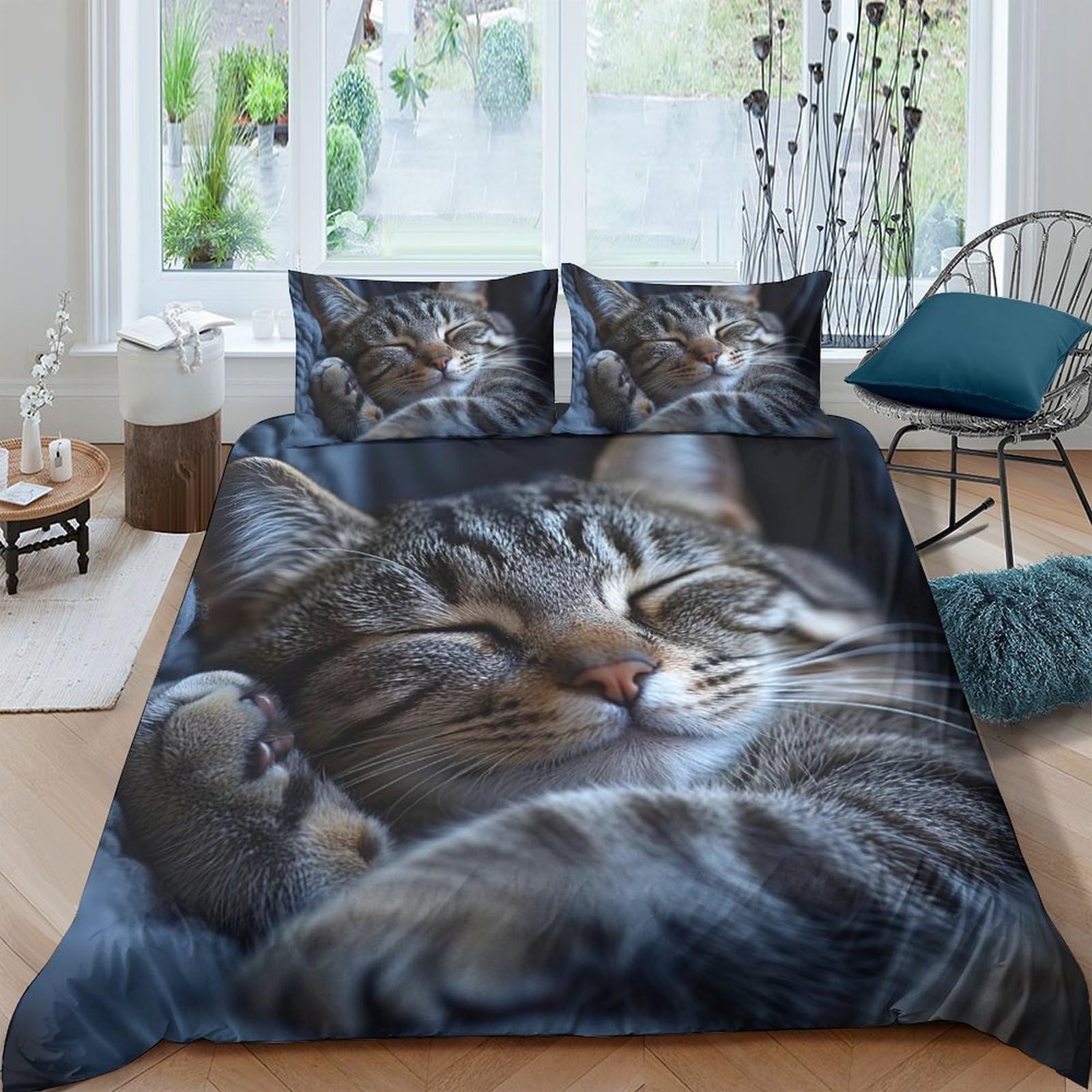 Ctjqhvkz Style-3 3D Printed Sleeping Cat Fitted Sheet Microfiber Soft Breathable Tabby Cat Bed Cover For Bedroom Guest Room Decor Single（135X200cm）