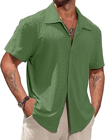 Vssjavun Mens Short Sleeve Button Down Shirts Casual Hollow Out Summer Beach Shirt