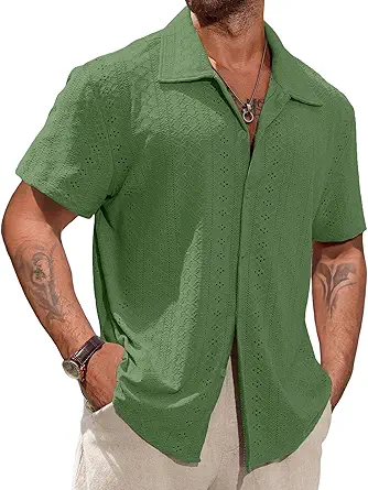 Vssjavun Mens Short Sleeve Button Down Shirts Casual Hollow Out Summer Beach Shirt