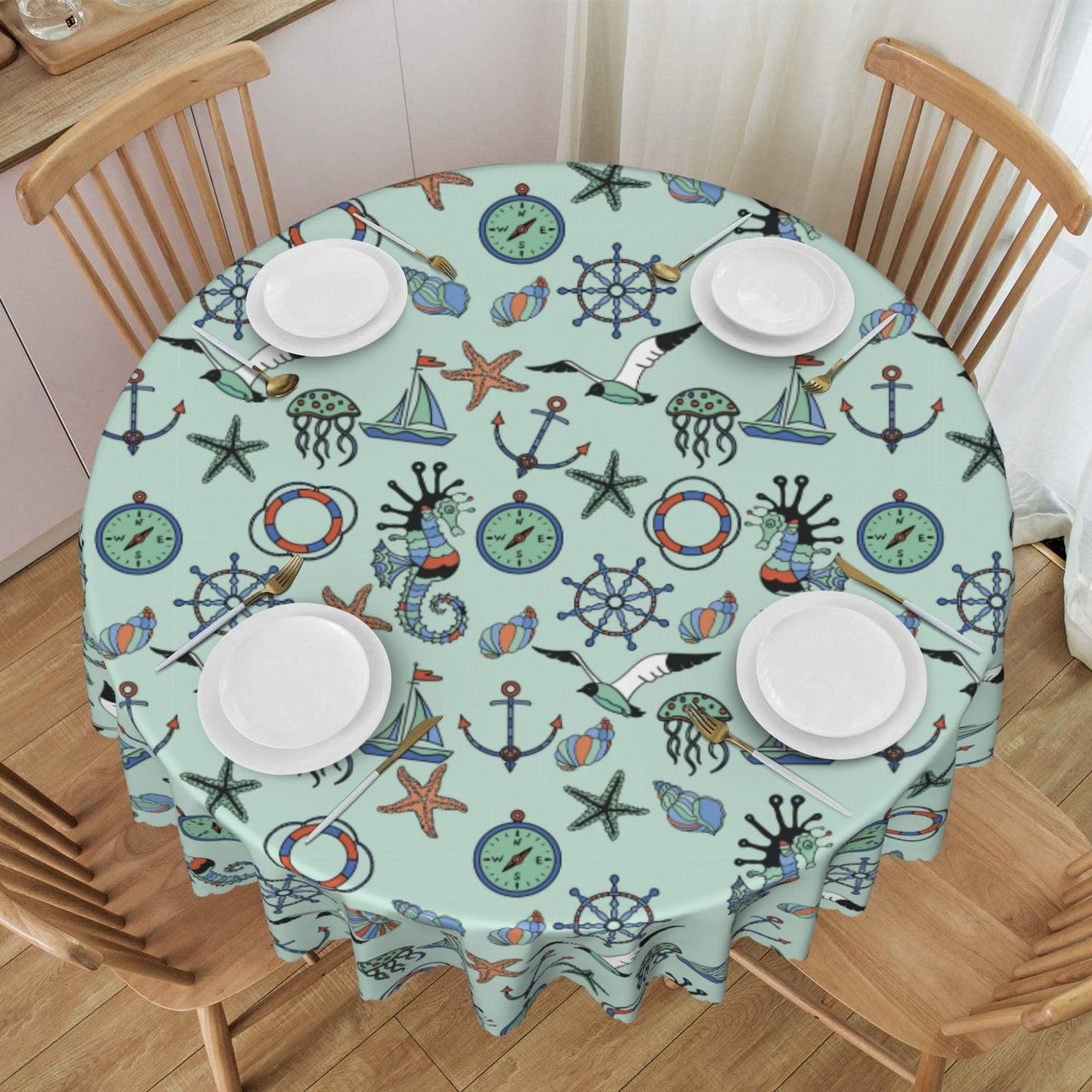 QZXHHD Nautical Funny Anchor Pattern Circular Tablecloth Waterproof Anti Stain Table Cloth Cover For Kitchen Dining Farmhouse Party Outdoor Picnic Camping 60in