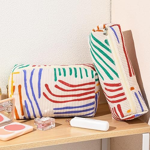 Miniatura 5 de SOIDRAM - Bolsa de maquillaje de pana, bolsa cosmética, 1 bolsa de maquillaje de gran capacidad y 1 bolsa de almacenamiento para pinceles de