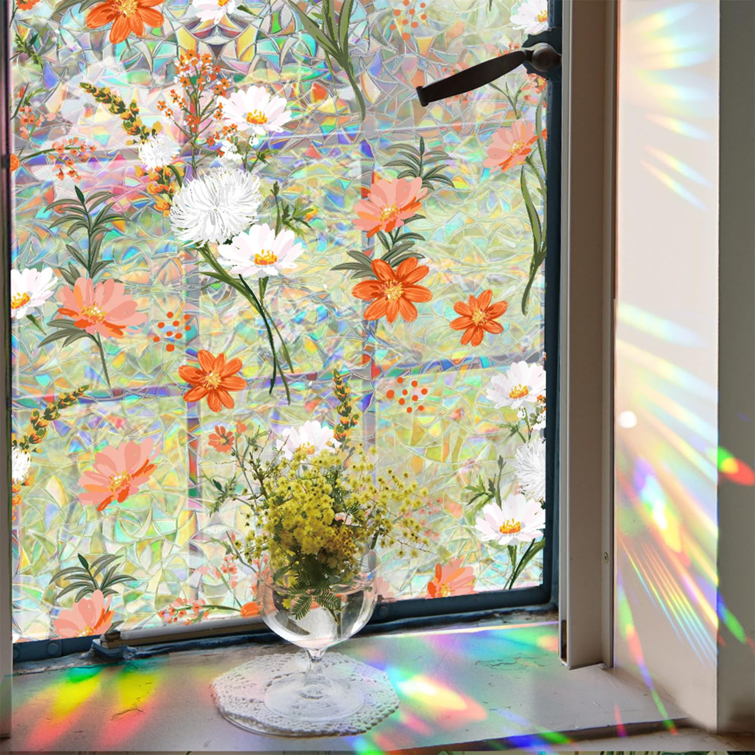 Rainbow Stained Glass Window Privacy Film - Peel & Stick Decorative Cling 17x39 Inches, Light Filtering & Artistic