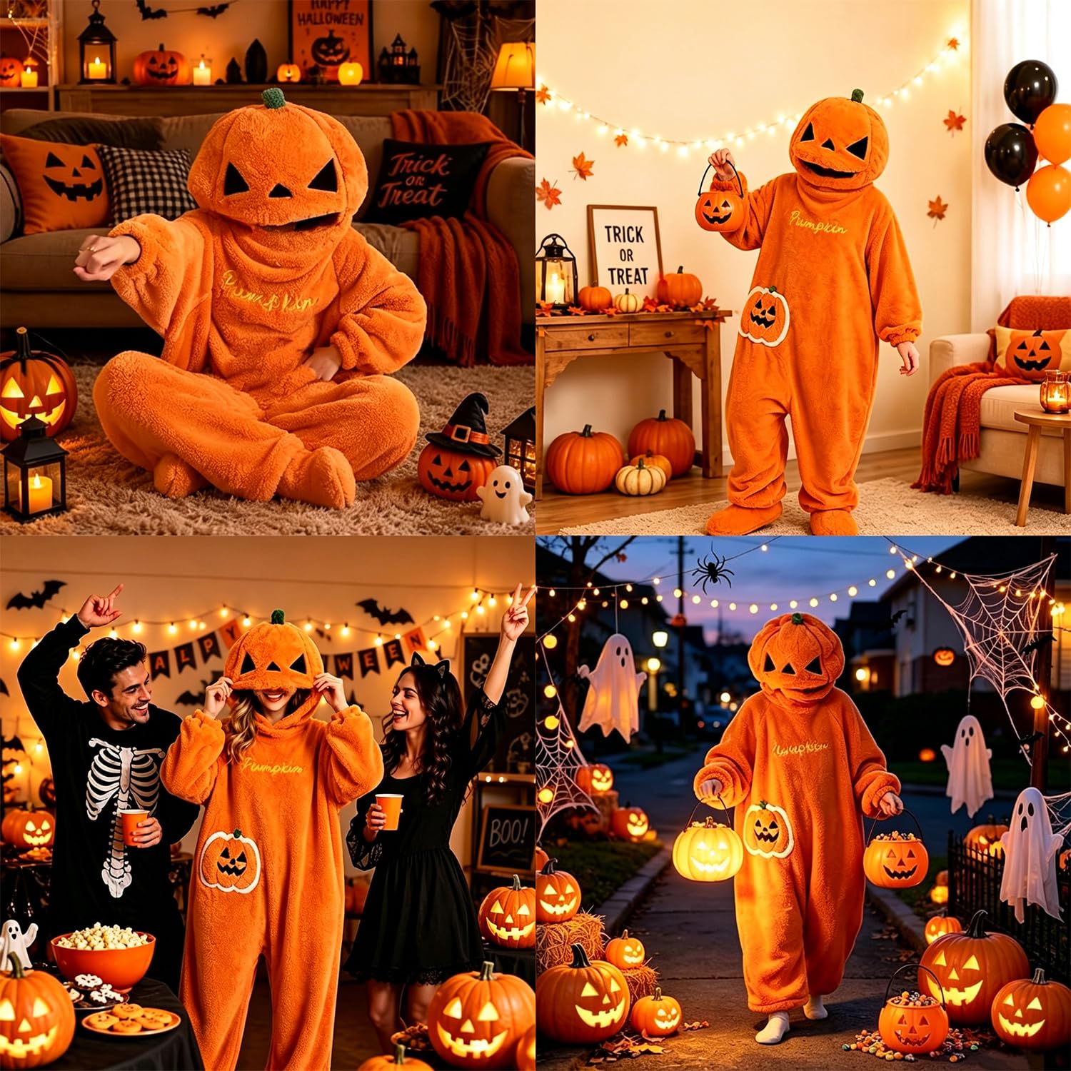 STOAT Onesie. Halloween weiches Kürbis-Kostüm M:150-160cm, L:160-170cm, XL:165-175cm für Damen & Herren, atmungsaktiv, Fleece-Overall, Unisex, ideal für Karneval & Mottopartys.