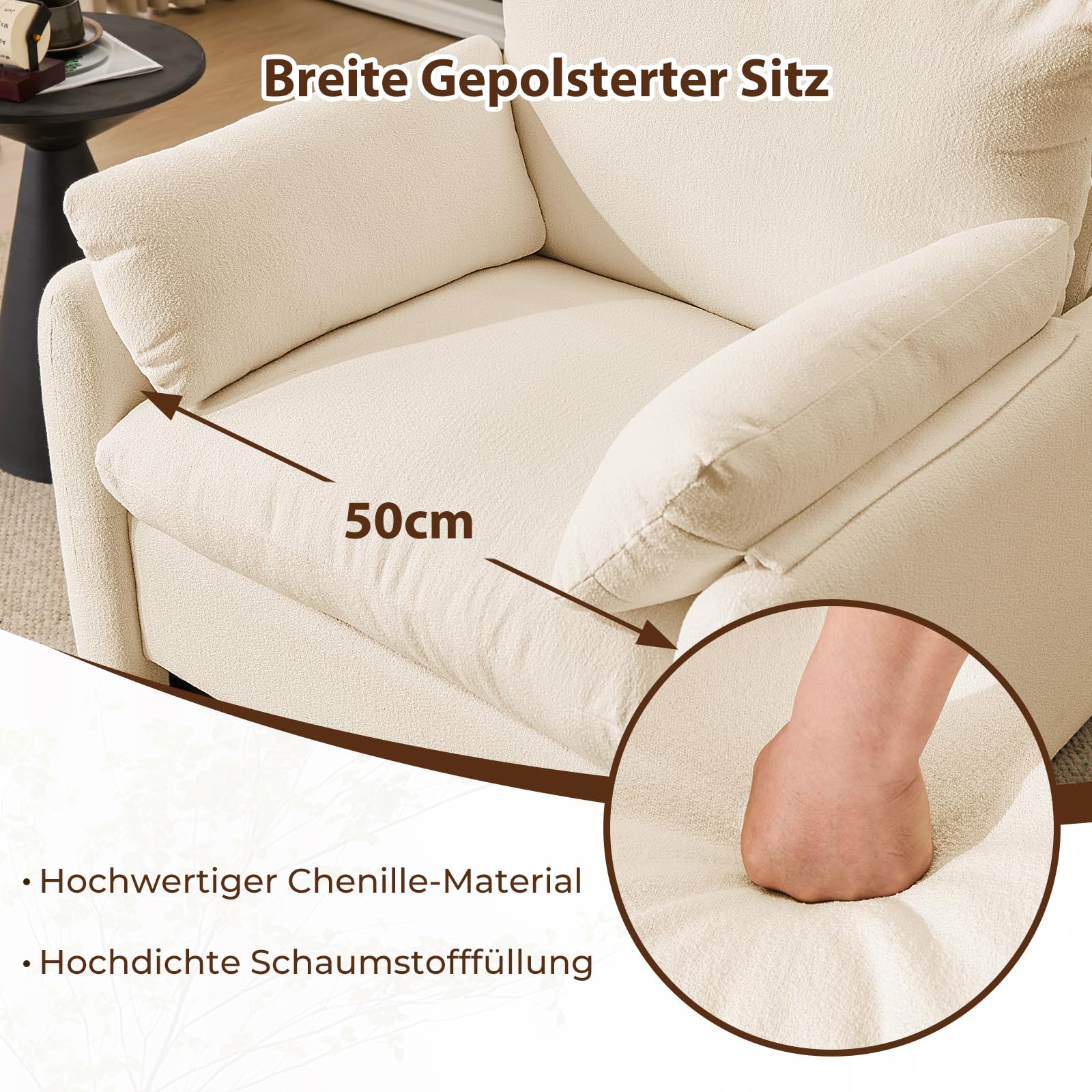 Extragroß Ohrensessel Sessel Wohnzimmer, 93.5cm Polstersessel Einzelsofa Fernsehsessel mit Abnehmbares Armlehne & Wurfkissen, Einzelsofa Lesesessel für Wohnzimmer Schlafzimmer, Beige