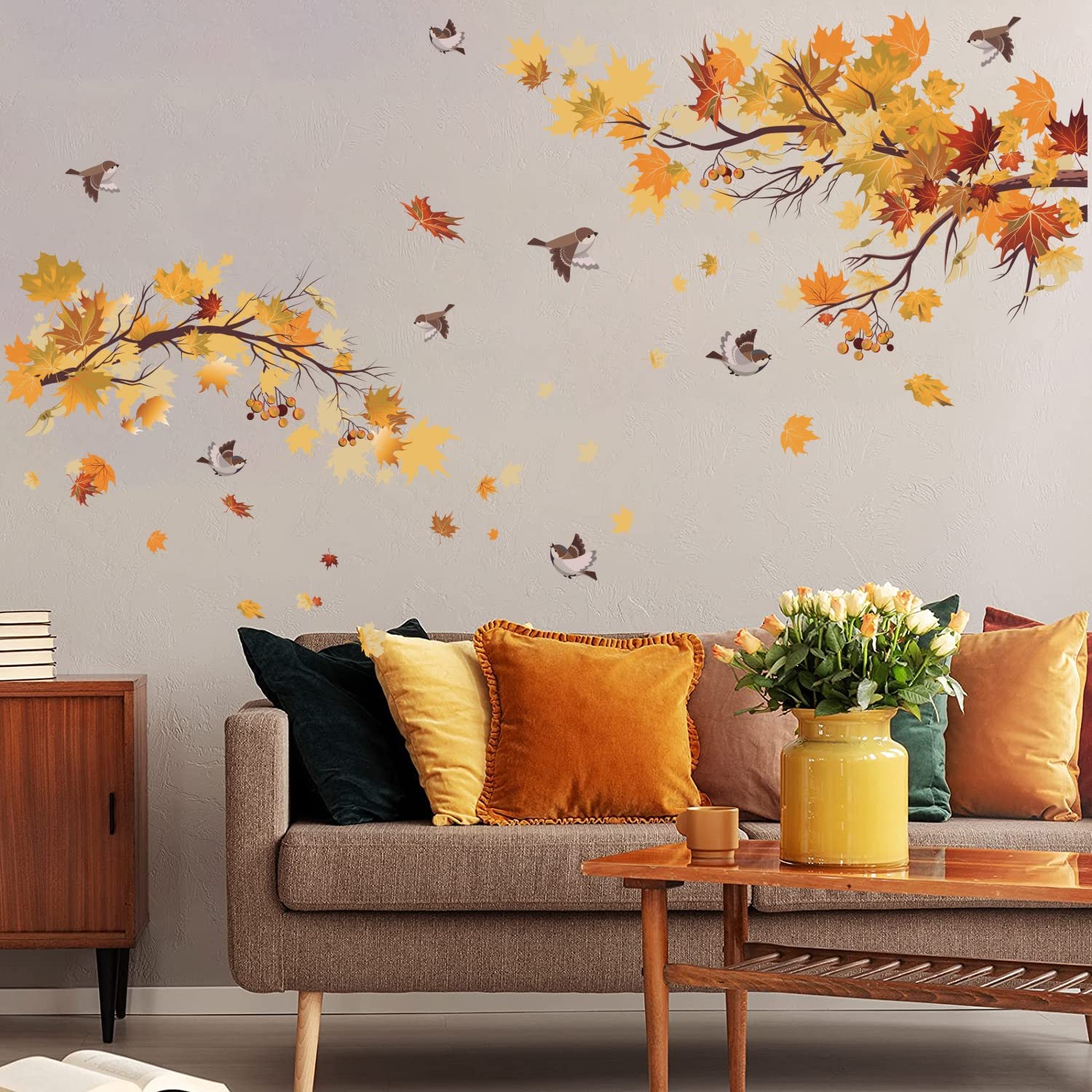 TOARTi Autumn Leaves Wall Stickers for Living Room Fall Season Maple Yellow Leaves Wall Decals,Thanksgiving Birds Autumn Tree Branch Leaf for Bedroom Window Decoration(36 pcs) - Image 3
