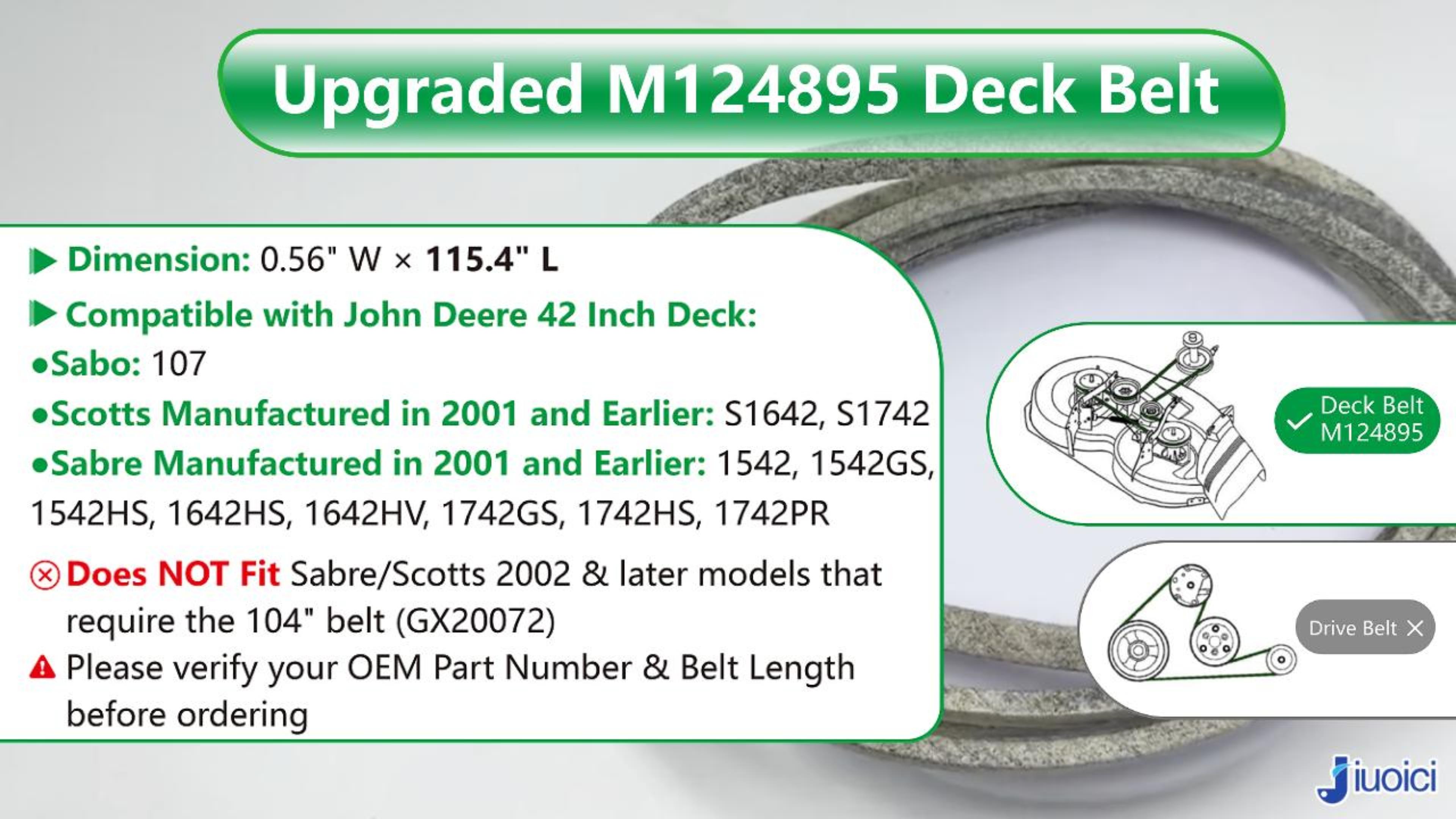 Image of M124895 (115.4 inch) Heavy-Duty Mower Deck Belt, Fits John Deere 42 inch Deck | Fits John Deere 42 inch Deck Sabo 107, Sabre 1542 1542GS 1542HS 1642HS 1642HV 1742GS 1742HS 1742PR, Aramid Core, Zero-Stretch