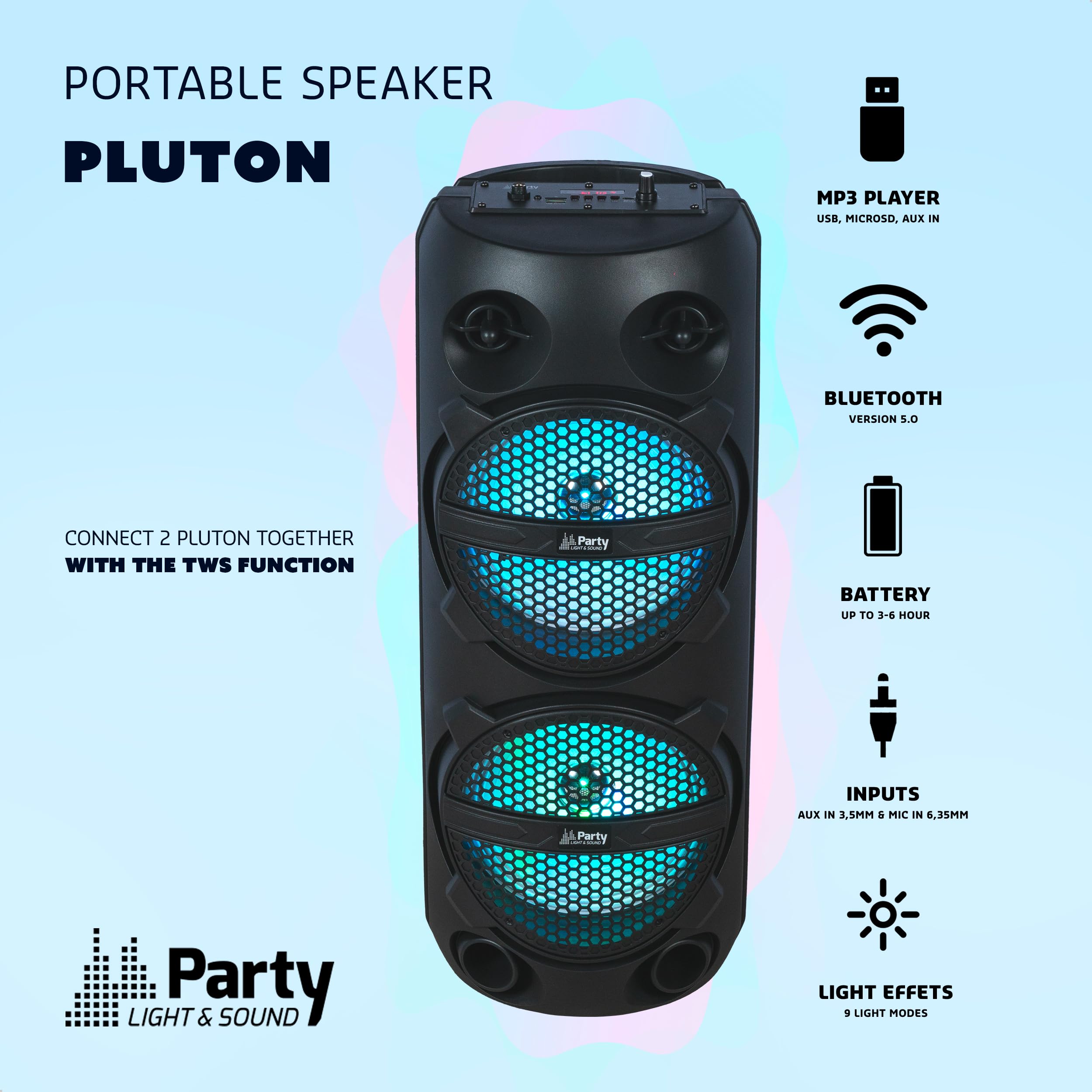 Party Light & Sound - PLUTON - Głośnik, przegroda 2 x 8"/20cm 300W na akumulatorze - Efekt świetlny - 1 mikrofon przewodowy i 1 pilot - Bluetooth, USB, Micro SD i TWS - Czarny
