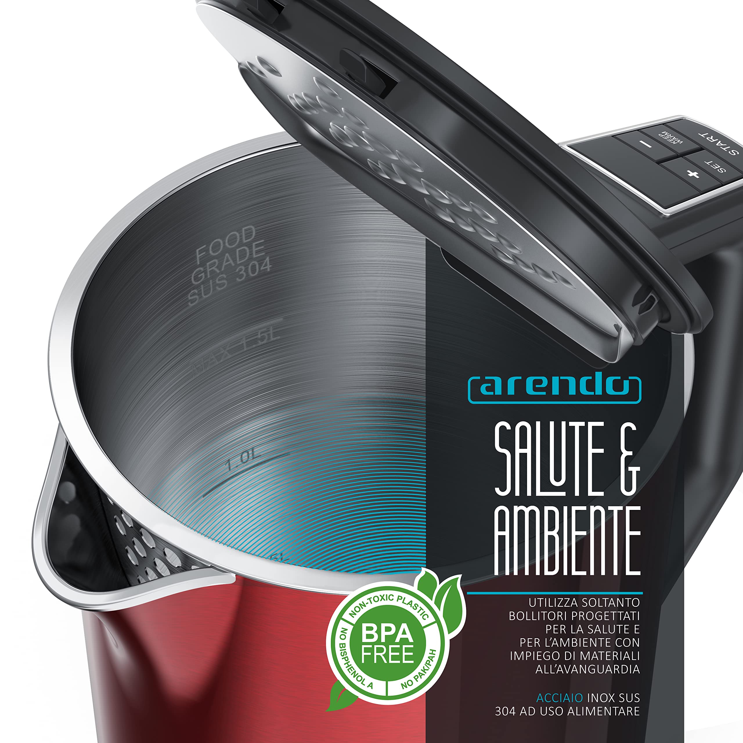 arendo - Bollitore Acqua Elettrico da 1.5L 2200W - Eco Controllo Temperatura - Temperatura Regolabile 40-100°C - Parete Doppia - in Acciaio Inossidabile - Senza BPA - Rosso
