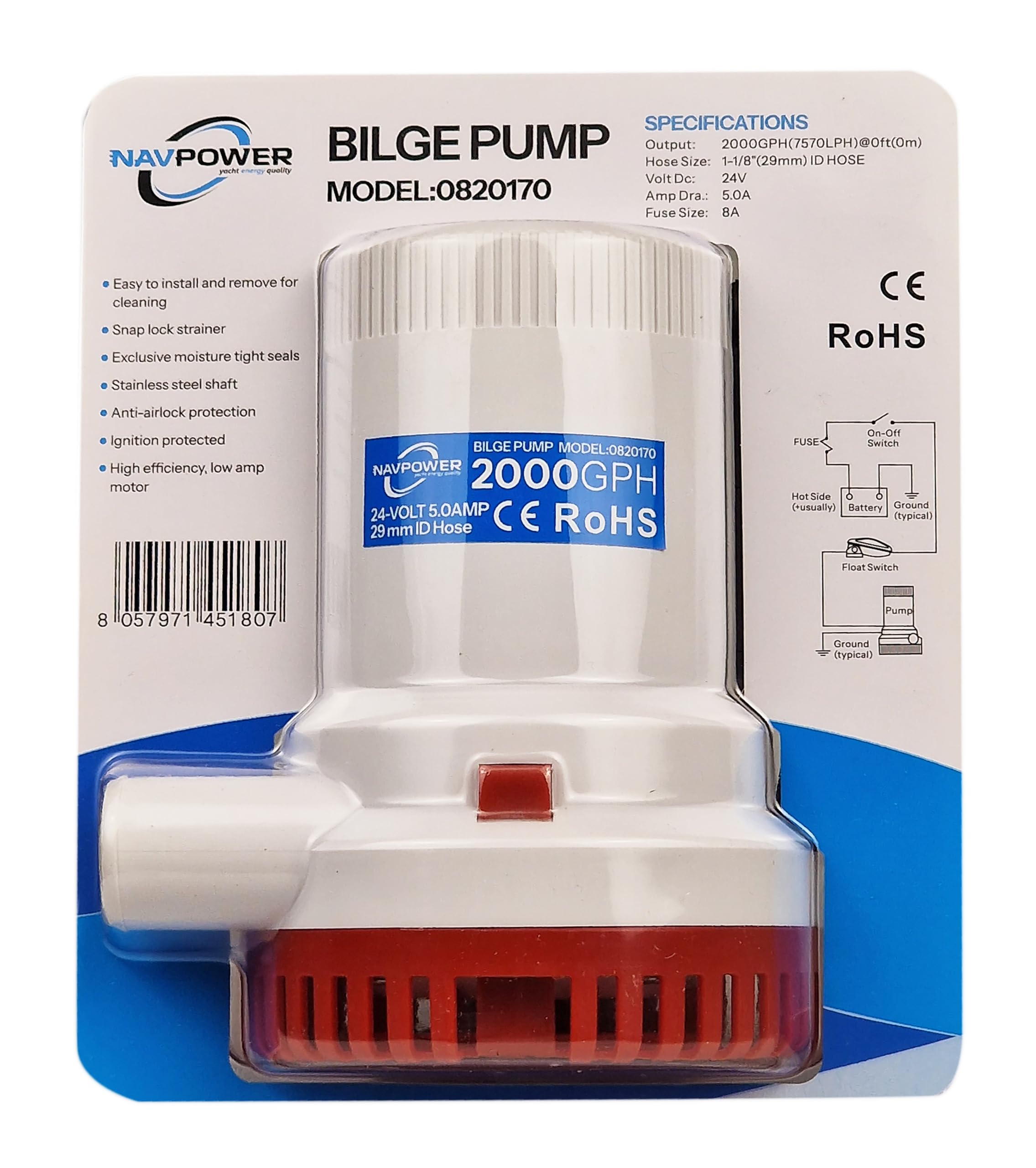 NAVPOWER Pompa di Sentina 24V | 1500 GPH / 2000 GPH – Potente, Affidabile e Sicura per Barche, Yacht e Applicazioni Nautiche (2000 GPH)
