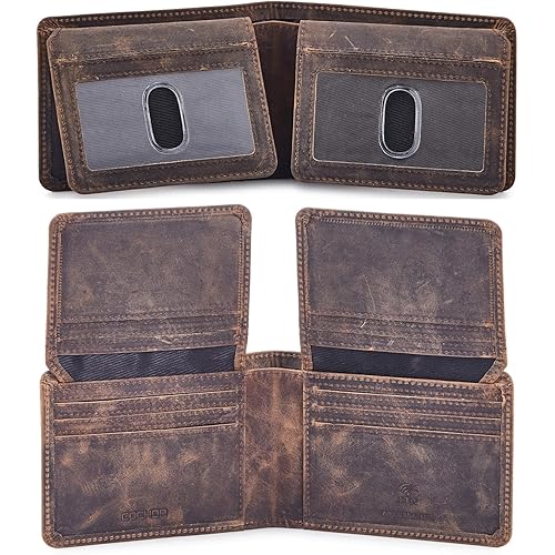 Men's Bifold Wallet Real Leather RFID Blocking High Capacity with 2 ID Window in Gift Box (Crazy Horse, Moss)