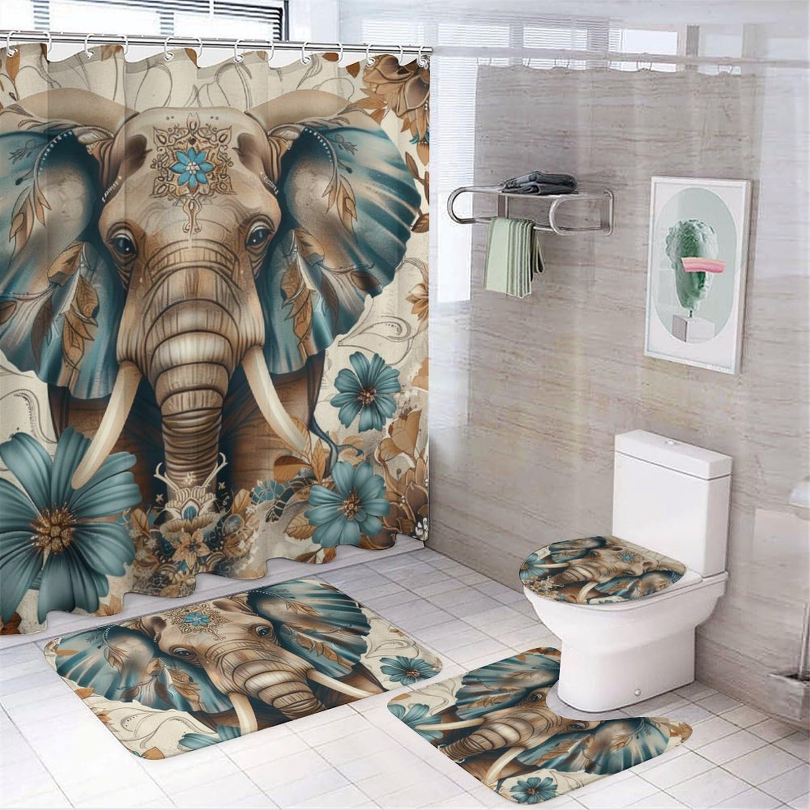 HDESDIS 4Pcs Elephant Fantasy Shower Curtain Set with Rugs, Toilet Lid Cover and Bath Mat, Bohemian Plant Floral Leaf Bathroom Curtains Decor Shower