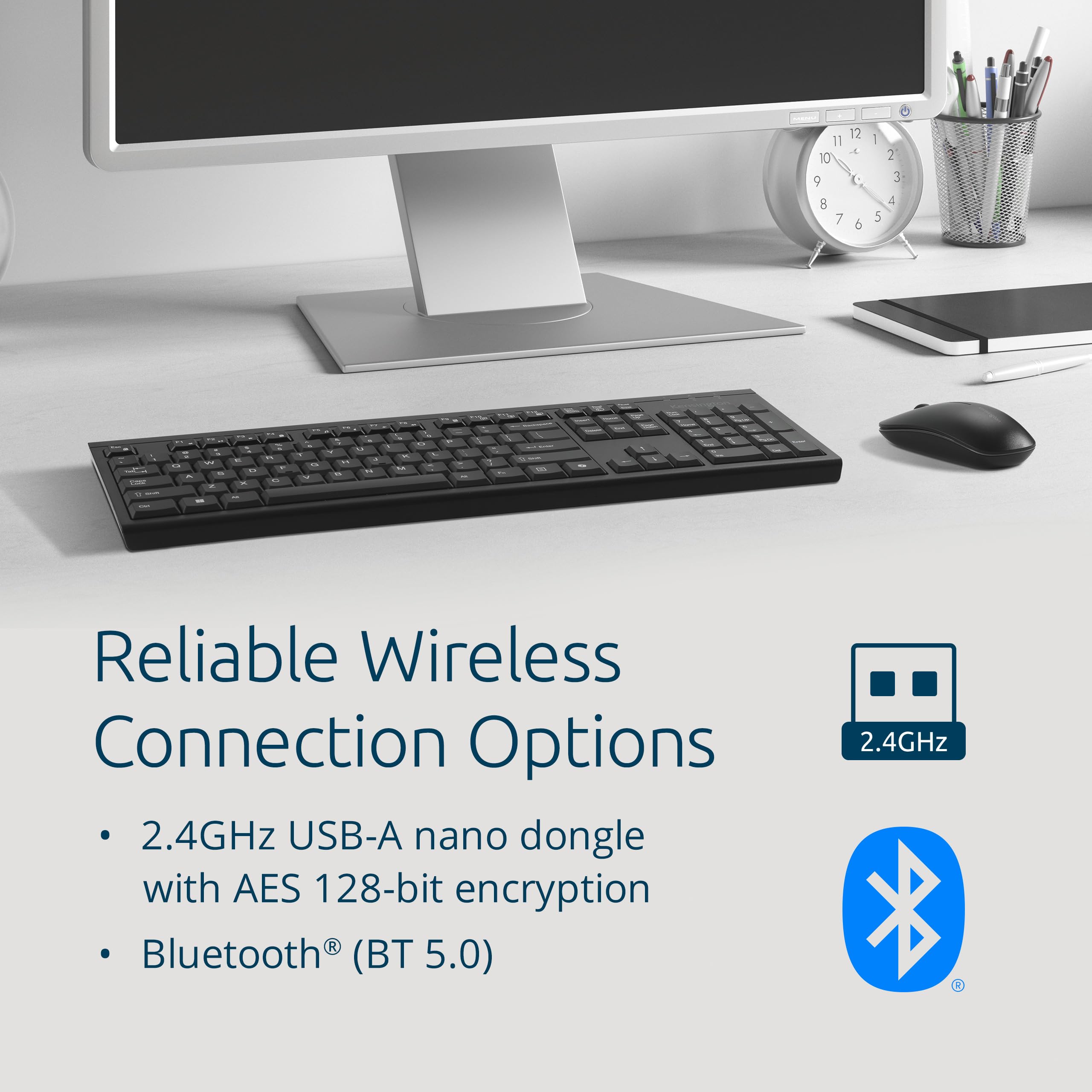 Kensington K75560ES - Combo de Teclado Inalámbrico Recargable KM270 EQ y Ratón Ambidiestro Silencioso para PC y Portátil, 2,4 GHz y BT 5.0, Diseño a Prueba de Salpicaduras - QWERTY ISO Layout - Negro