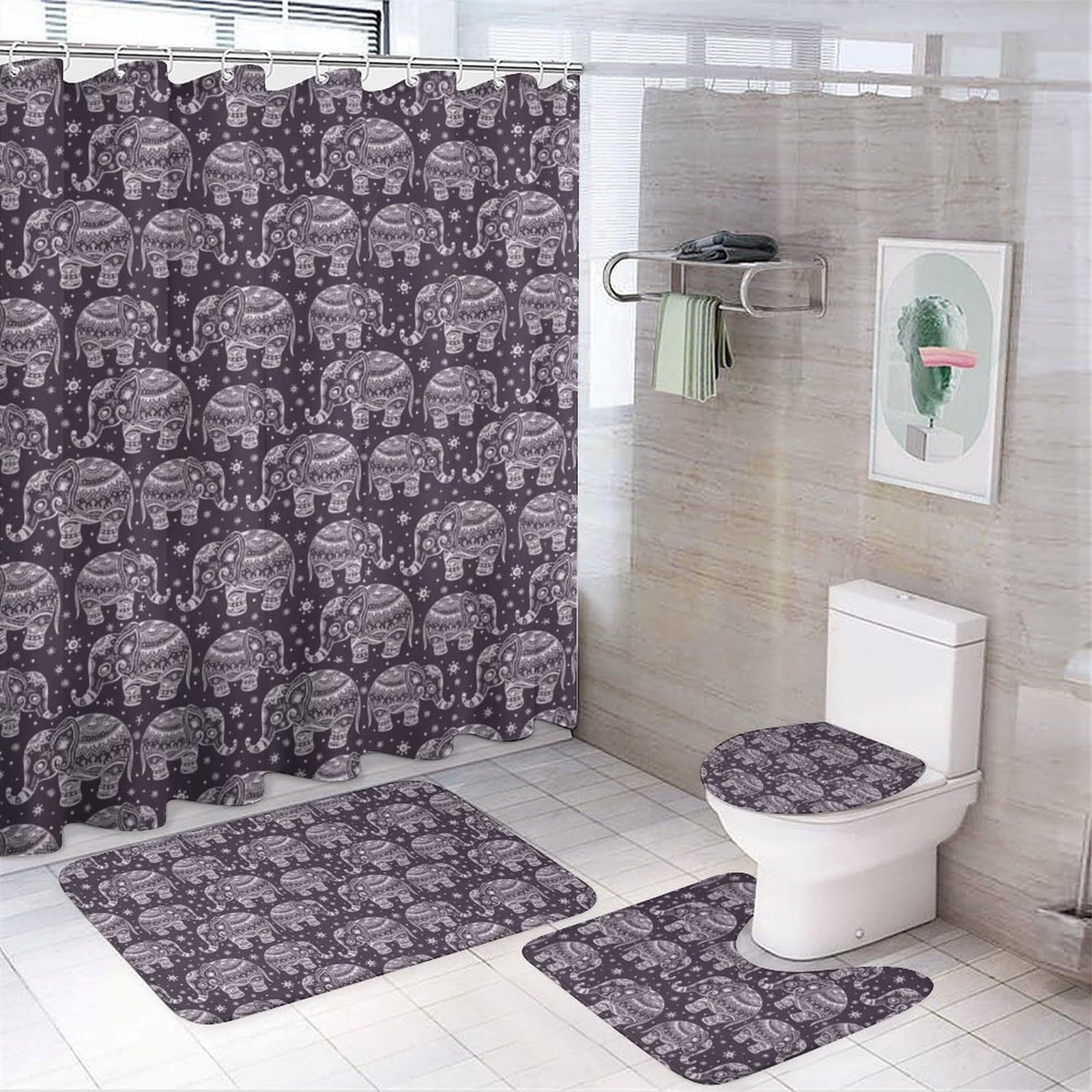 Wlntrophic Bathroom Mat Set 4 Piece, Cartoon Cute Elephant Shower Curtain with Non-Slip Bath Mats for Bathroom