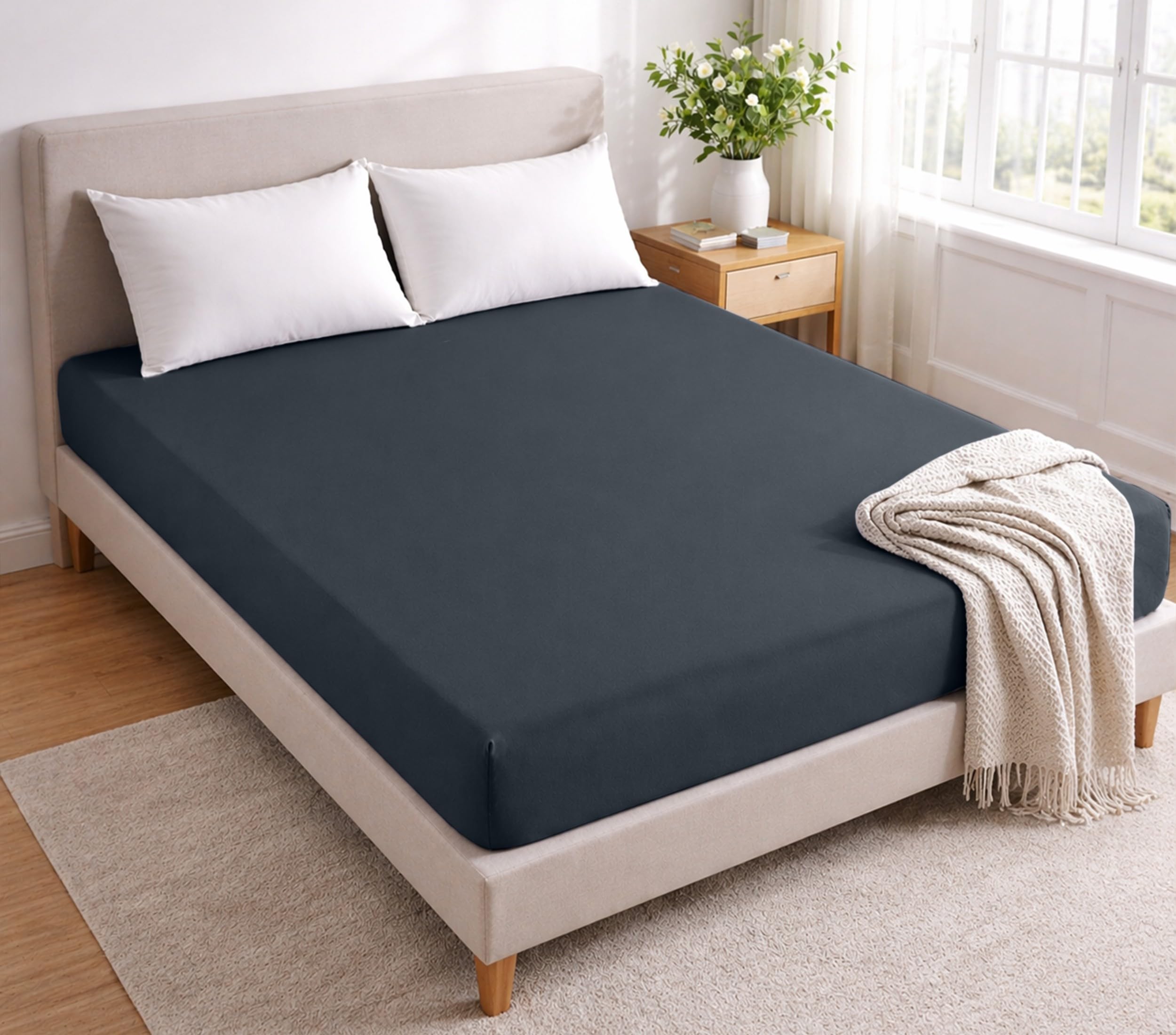Single Fitted Sheet Extra Deep Fit 40 cm (16 Inches) Brushed Microfiber Charcoal Single Bed Sheets (90x190cm) Hypoallergenic Ultra Soft Bottom Sheet - Fade & Wrinkle Resistant