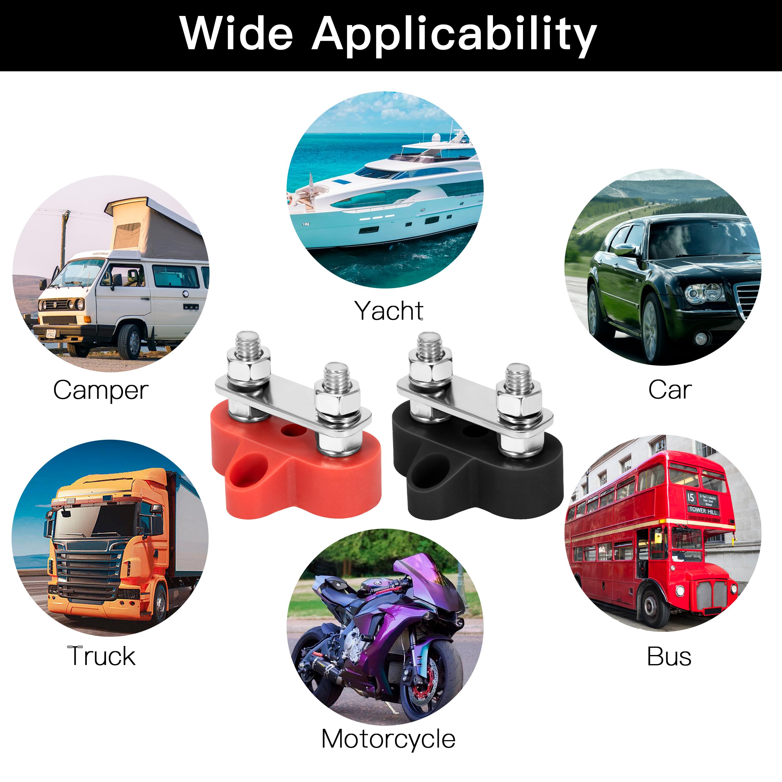 QIMEI-SHOP Morsettiera di Distribuzione dell'alimentazione della Batteria M6 Morsettiera Batteria Bus Bar Doppio Perno 12V-48V per Auto Camion Camper Barca Rosso e Nero 2 Pezzi