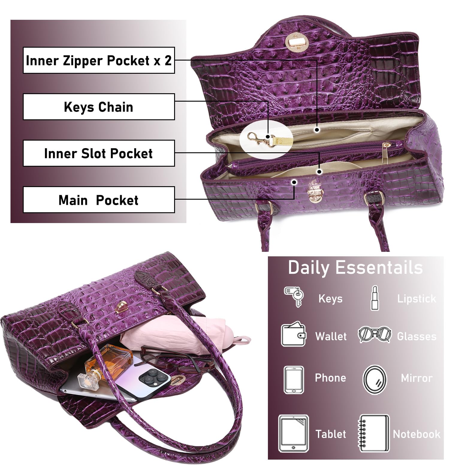 Makcr Joacbv Bolso de mano de piel con patrón de cocodrilo para mujer, bolso de mano de gran valor para mujer