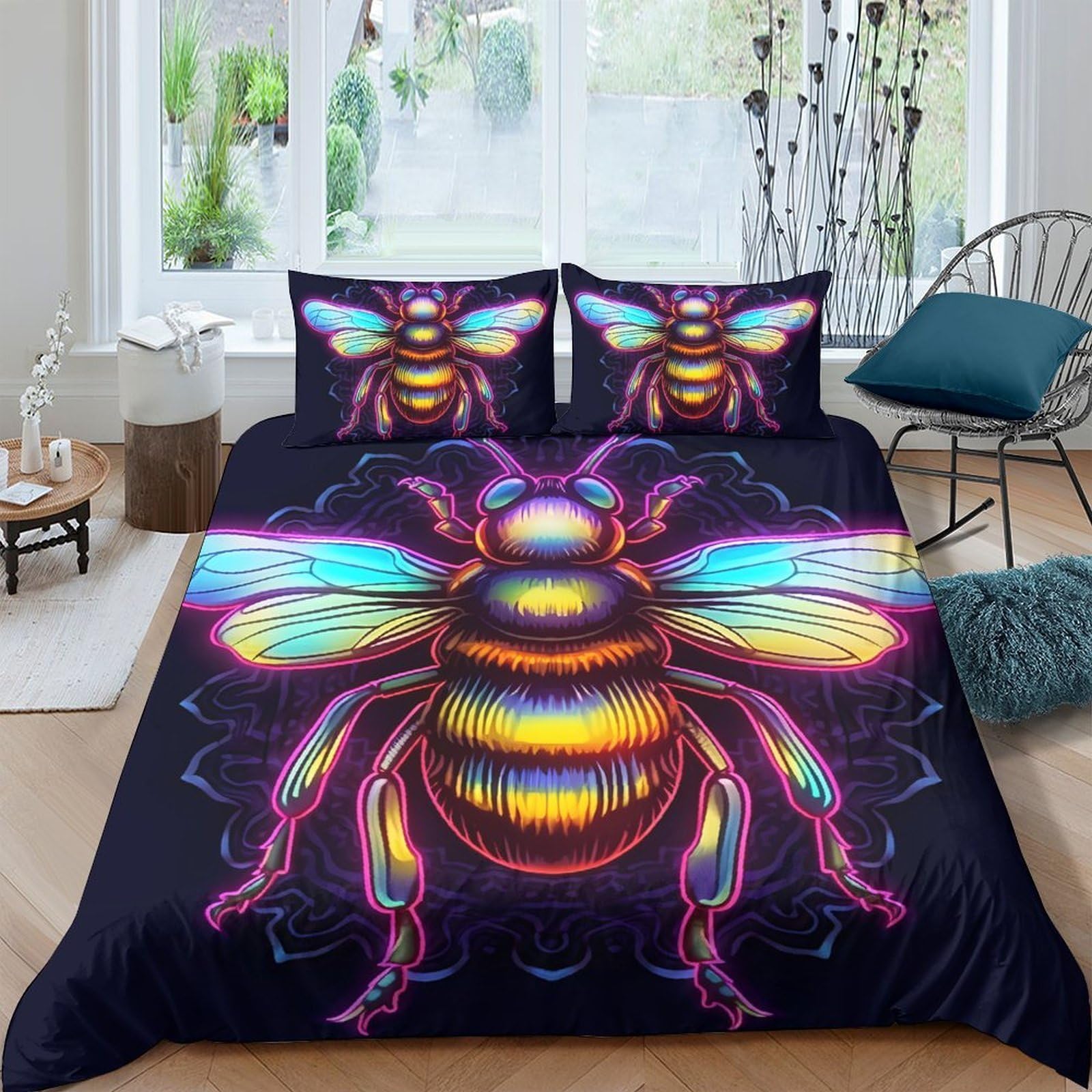 Ctjqhvkz Style-6 3D Printed Neon Bee Fitted Sheet Microfiber Anti-Slip Bedroom Decor Rainbow Insect Bed Cover For Adult Teen Guest Room Single（135X200cm）