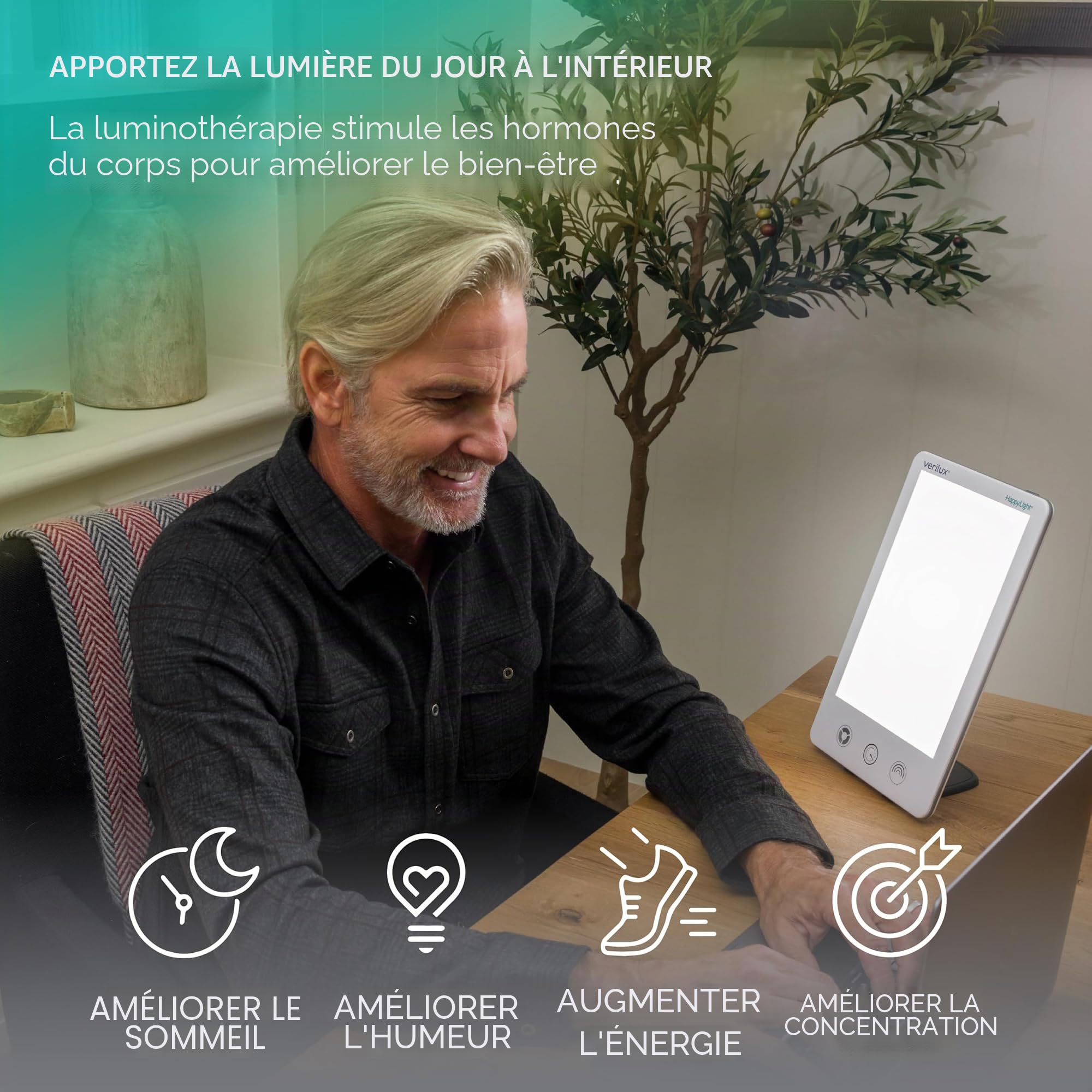 Verilux HappyLight Luxe – Lampe de luminothérapie 10 000 lux, sans UV, LED, réglable en luminosité et couleur, compte à rebours