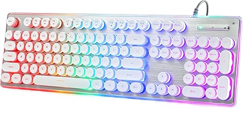 Teclado estilo máquina de escribir con panel de metal, retroiluminación LED arcoíris, teclas redondas, anti-fantasma, resistente a derrames, luz USB