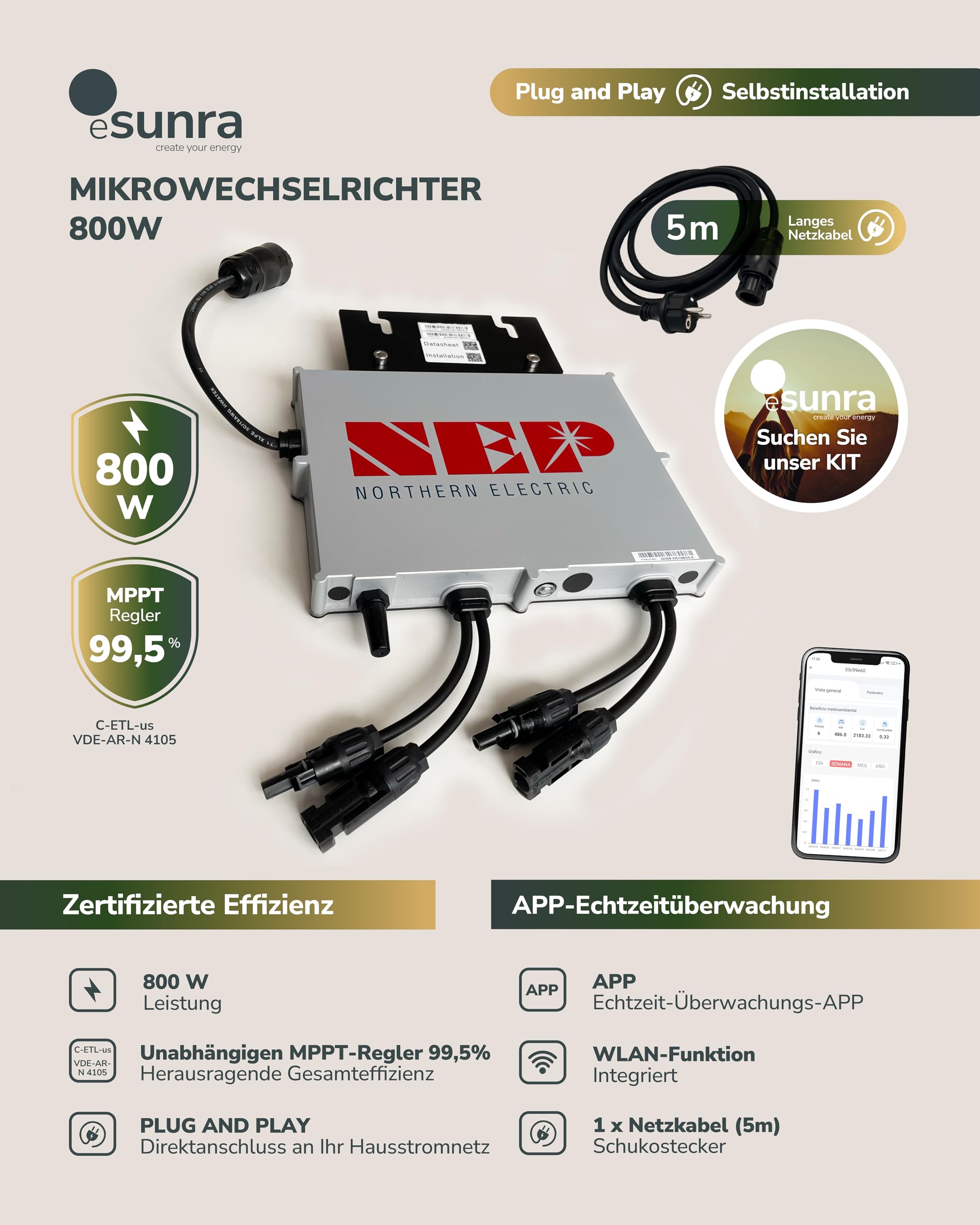 Microinverter NEP BDM800VA - Plug and play - Efficienza MPPT > 99,5% - Cavo di alimentazione da 5 m - App per monitorare la generazione in tempo reale