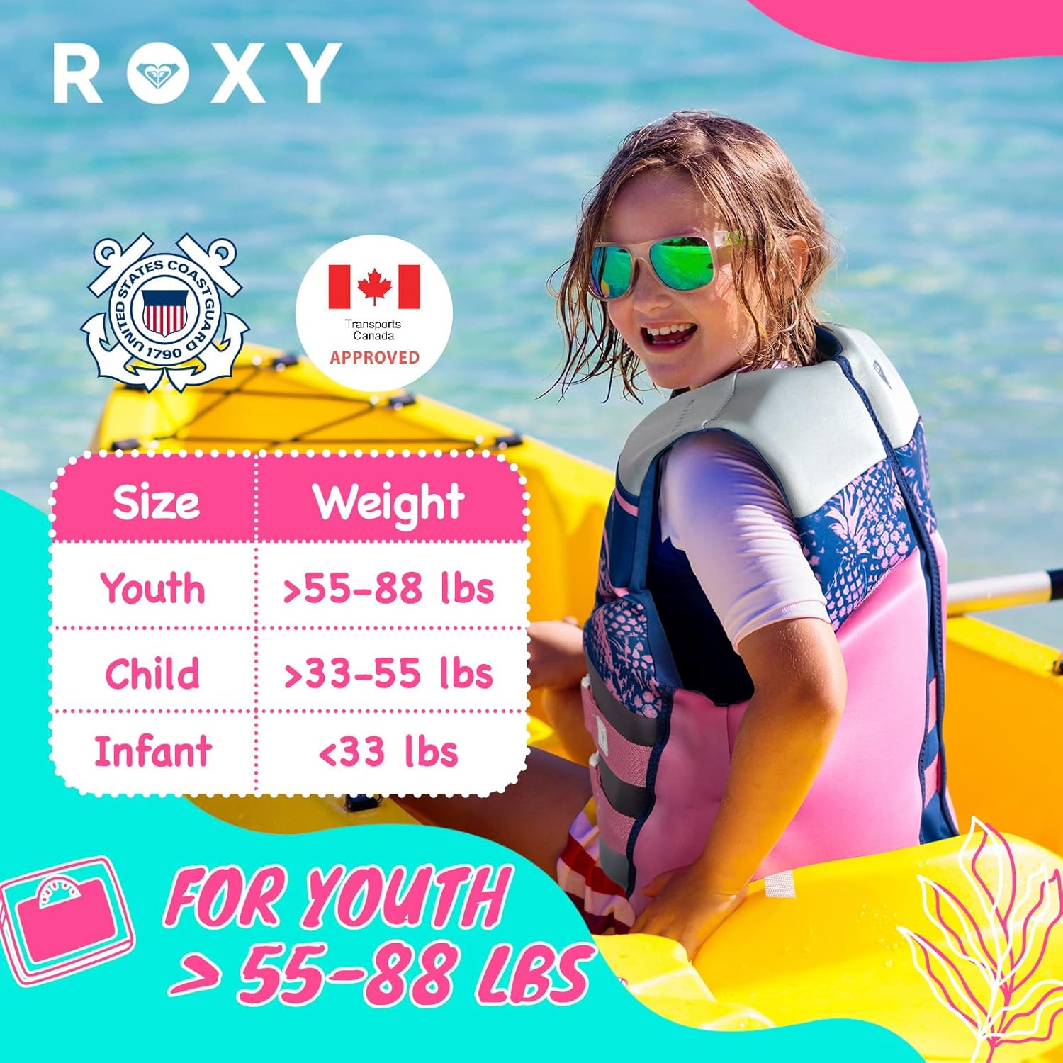 ROXY Life Jacket for Youth/Kid/Toddler, USCG and Transport Canada Approved Type III PFD, Evoprene Life Vest for Boating Kayaking Fishing Paddling Watersports