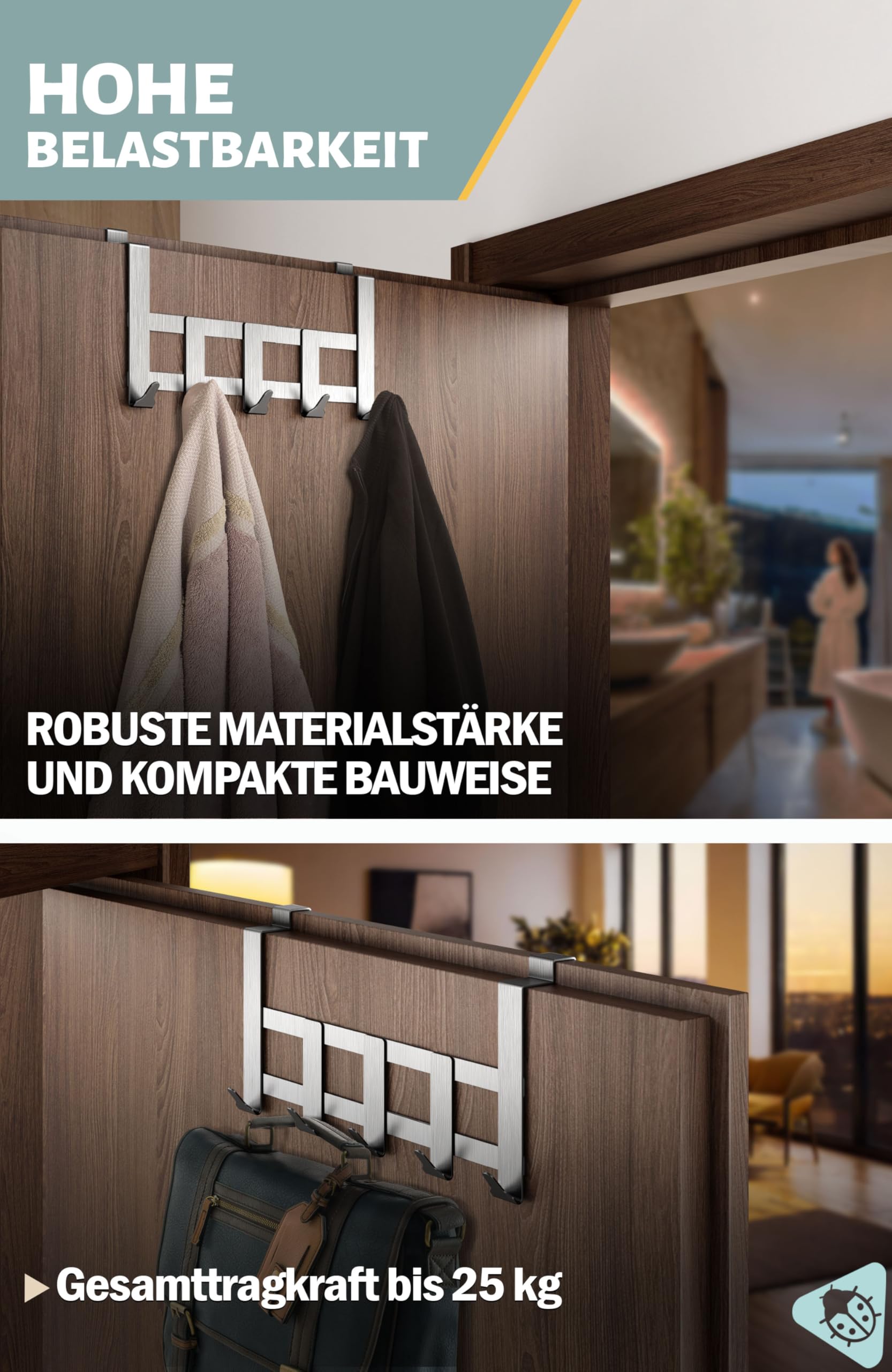 Menz Premium Türgarderobe - Edelstahl Türhakenleiste Innenseite, belastbare Türhaken zum Einhängen Tür-Rückseite - Hochwertige Türgarderobe mit 5 Haken zum Einhängen